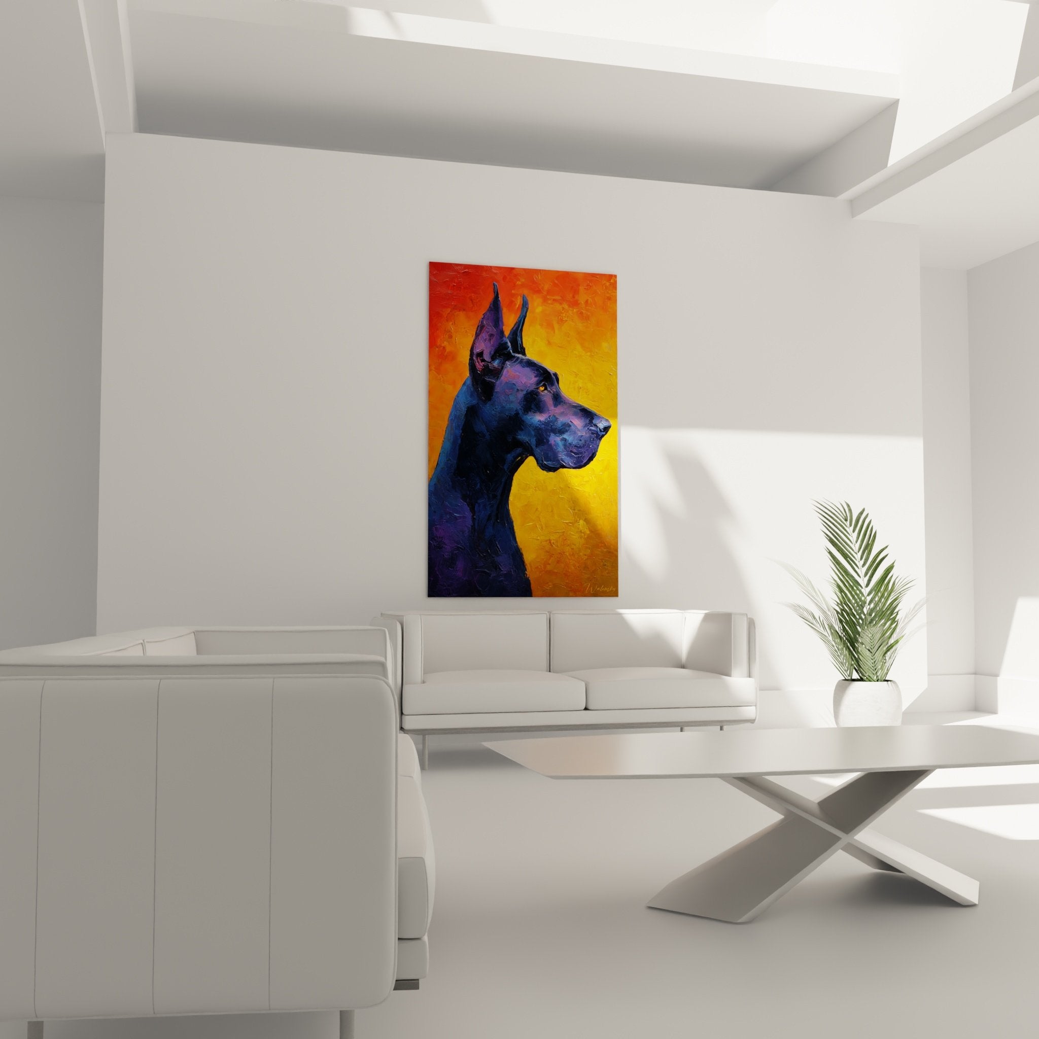 Détail peinture Dogue Allemand montrant texture empâtements et contrastes bleu orange