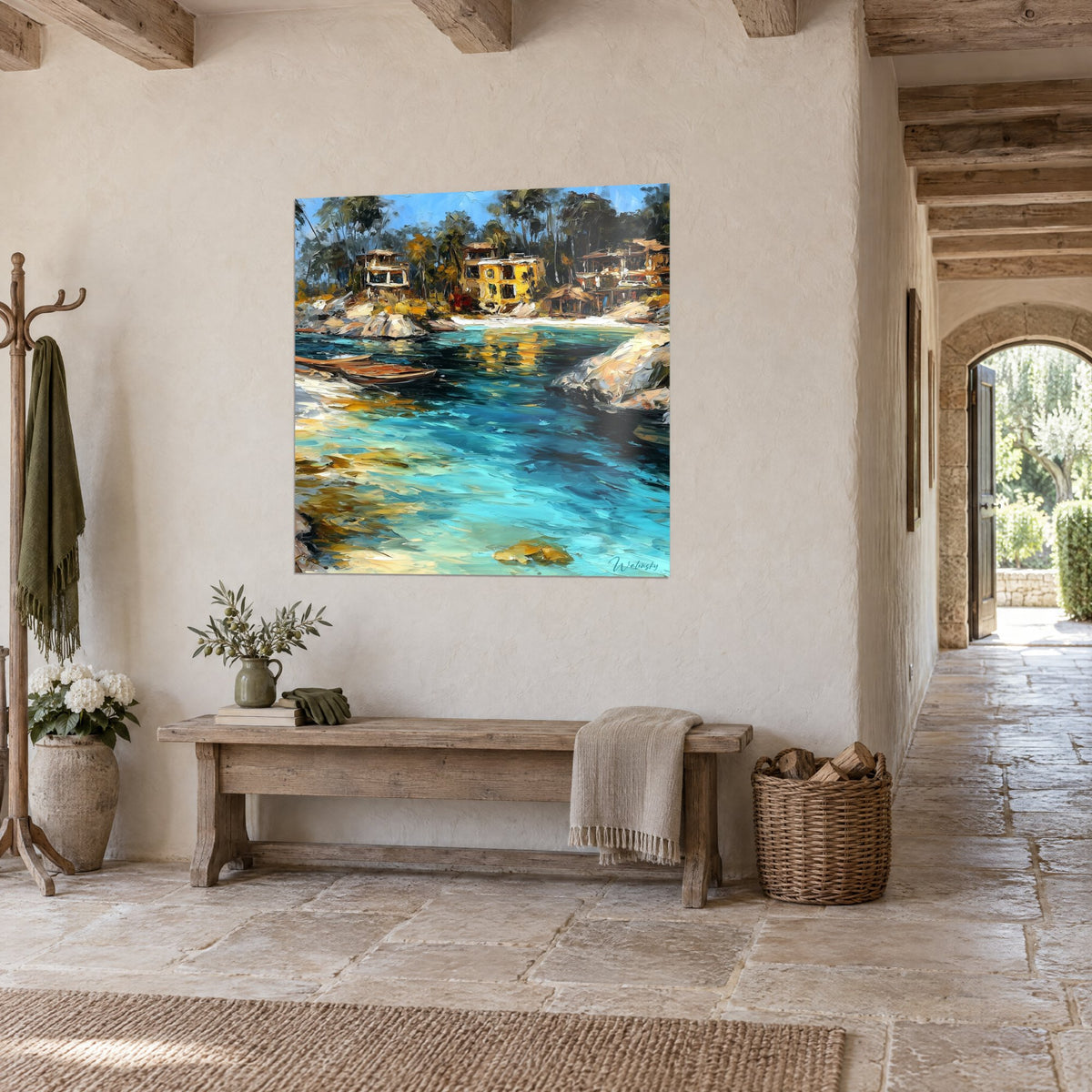 Wall art of a paradise bay with azure waters, golden villas under palm trees and beige rocks, on a white stone wall