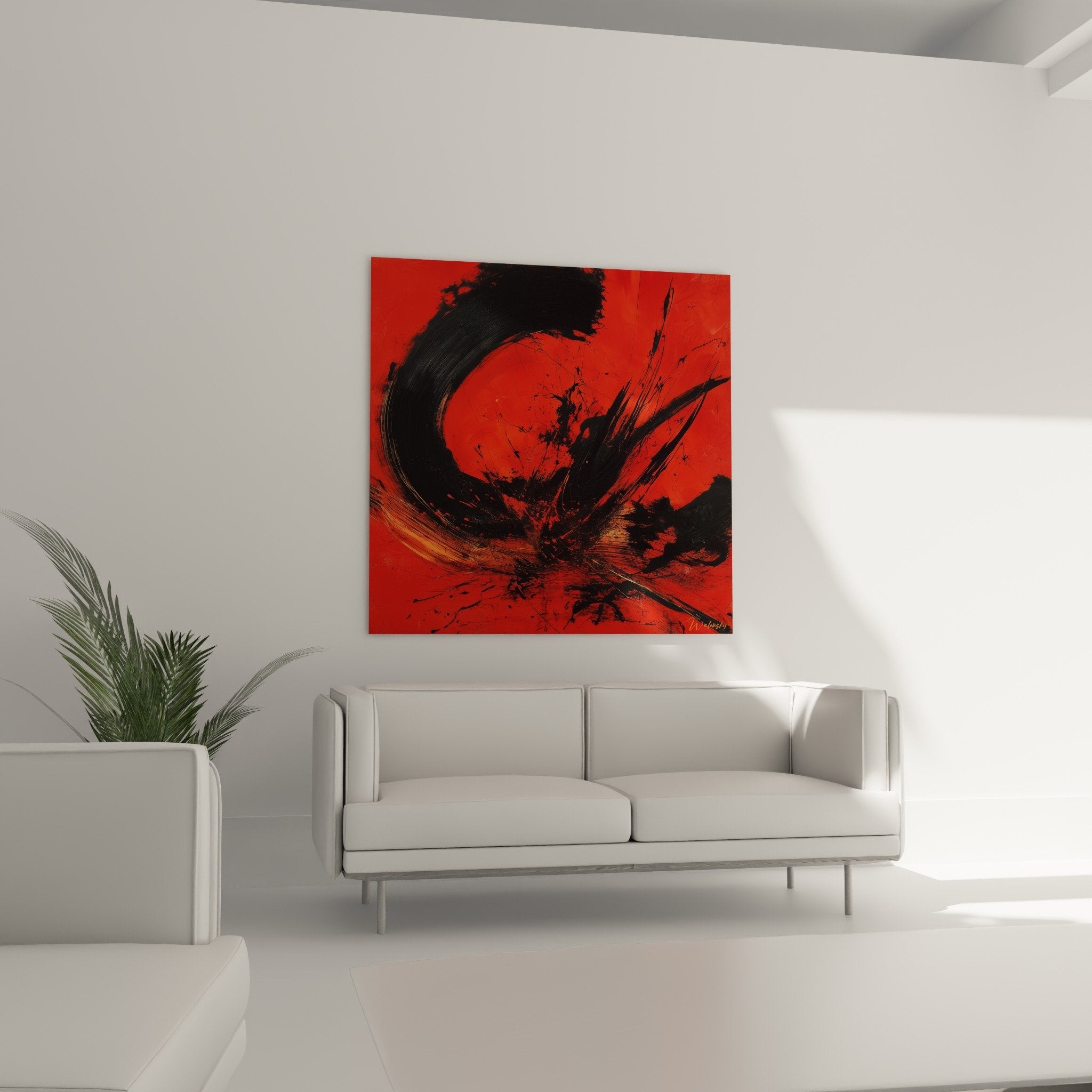 Detail peinture abstraite eclaboussures noires rouge vermillon gestuelle libre feng shui sud feu