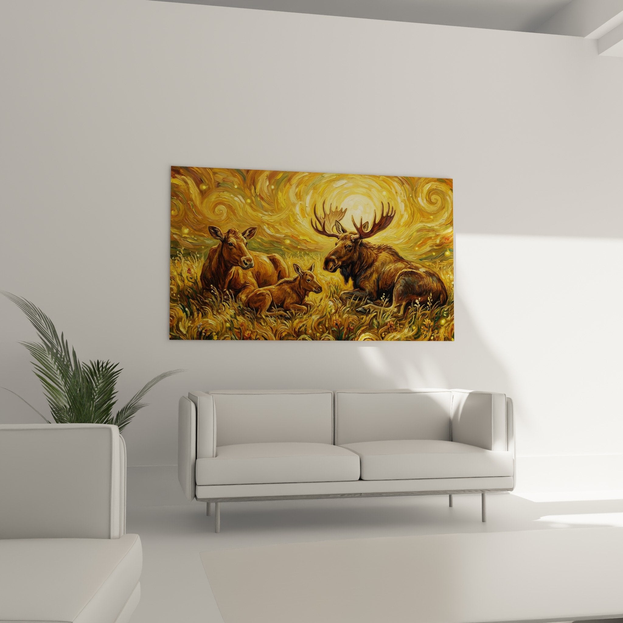 Detail Gemälde Elch majestätisches Holz braunes Fell goldene Wirbel Post-Impressionismus Technik
