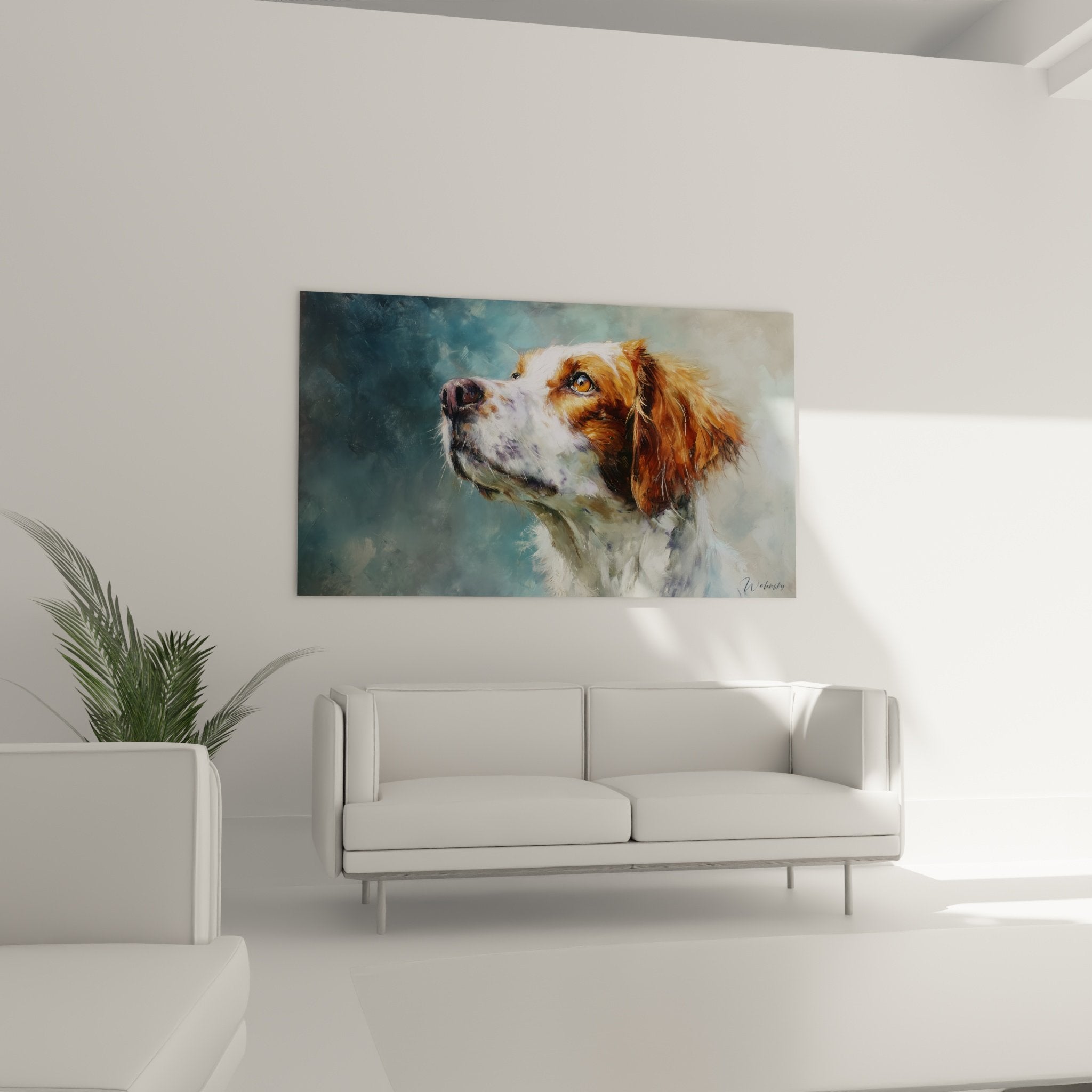 Dettaglio pittura spaniel bretone sguardo ambrato mantello texturizzato tecnica pittorica realistica