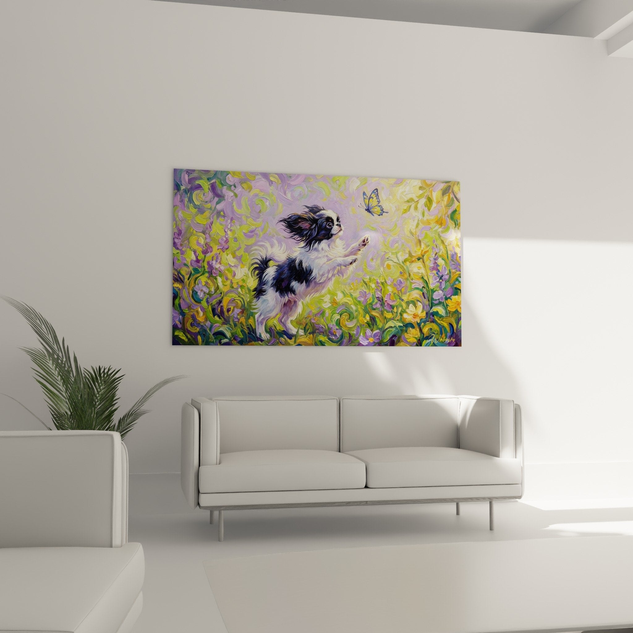 detail peinture epagneul japonais pelage noir blanc contraste fleurs violettes technique picturale dynamique