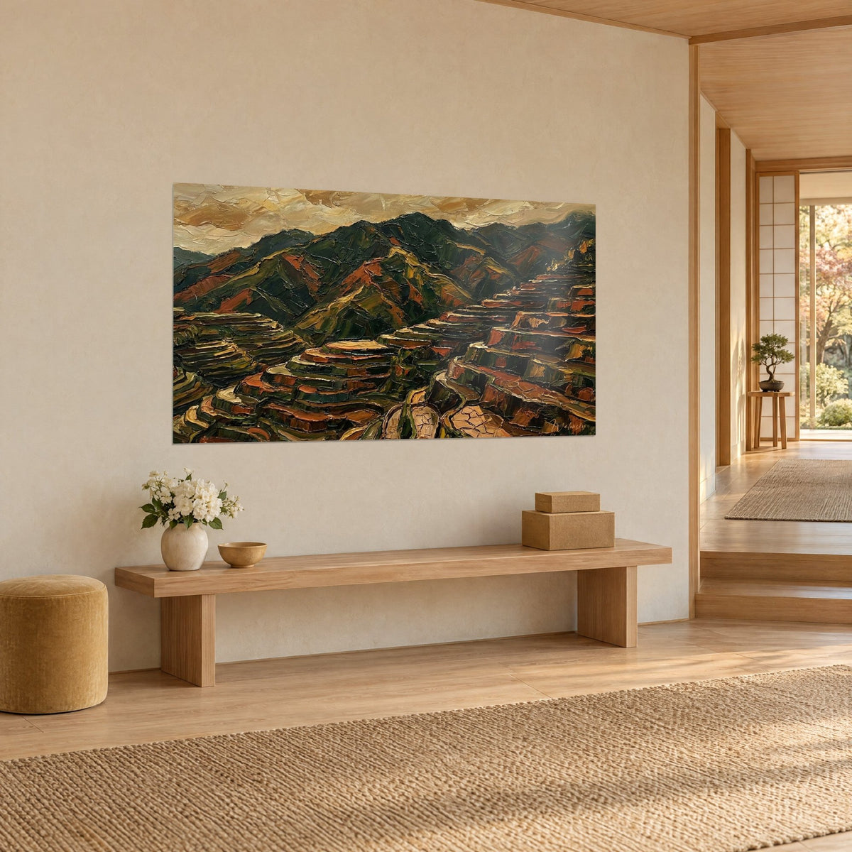 Wall art rice terraces in palette knife, forest green and raw sienna, on a cream wall at the end of a japandi hallway