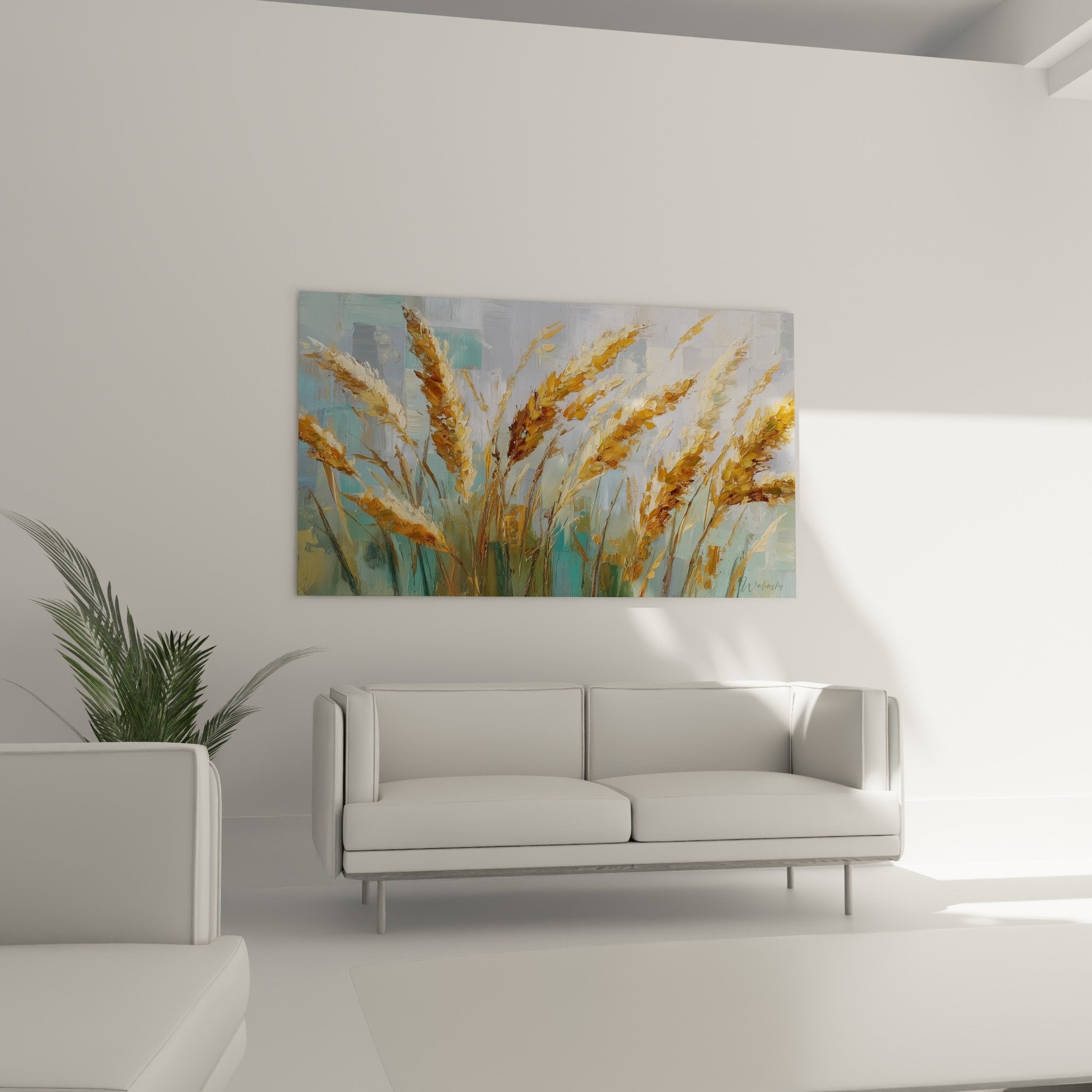Détail peinture épis dorés texture épaisse, coups de pinceau expressifs sur fond turquoise
