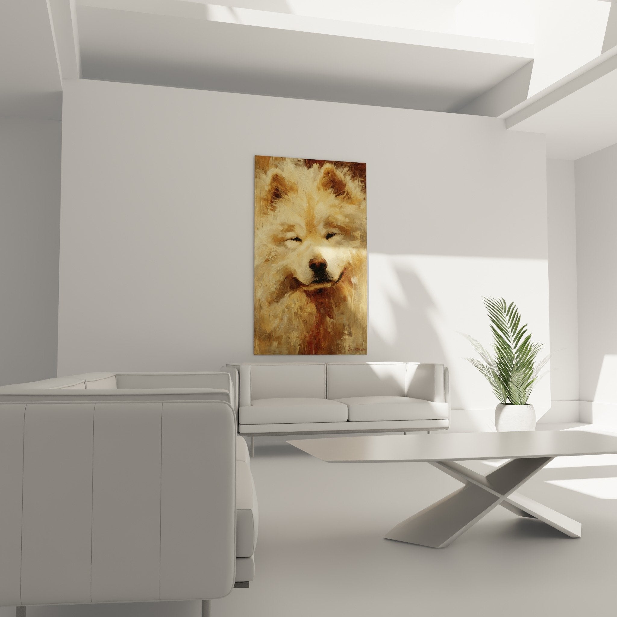 Eurasier portrait detail painting visible brushstrokes golden textured coat ochre caramel animal art quality