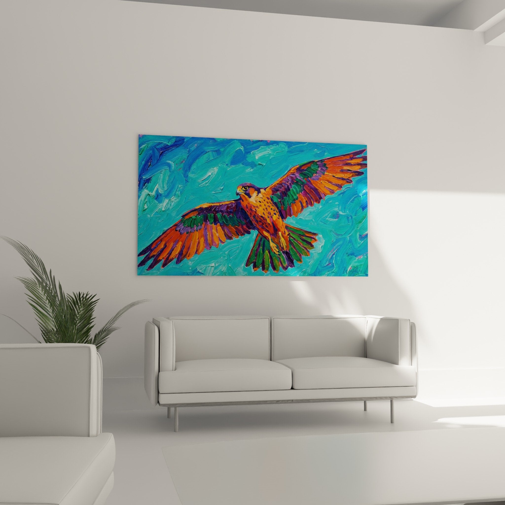 Gemäldedetail Falke orange violette Federn ausdrucksstarke Maltechnik modernes Tiergemälde