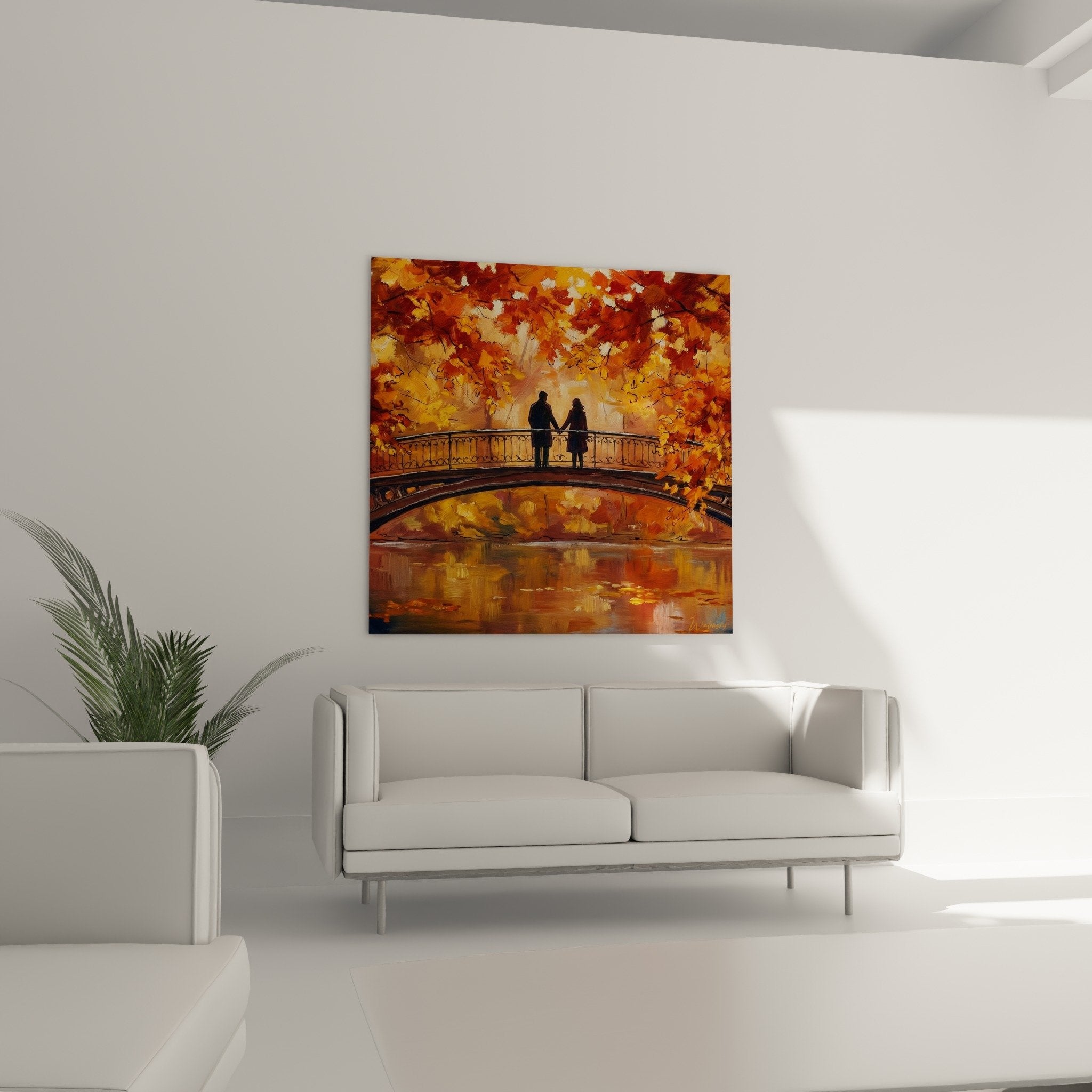 Detail peinture feuillage automne orange dore touches pinceau expressives couple pont Manhattan