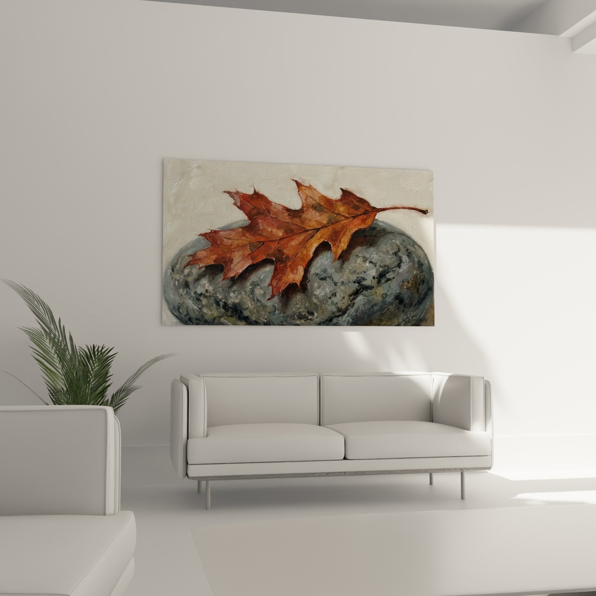 Détail peinture feuille automne cuivrée sur pierres grises, texture artistique Japandi naturelle zen