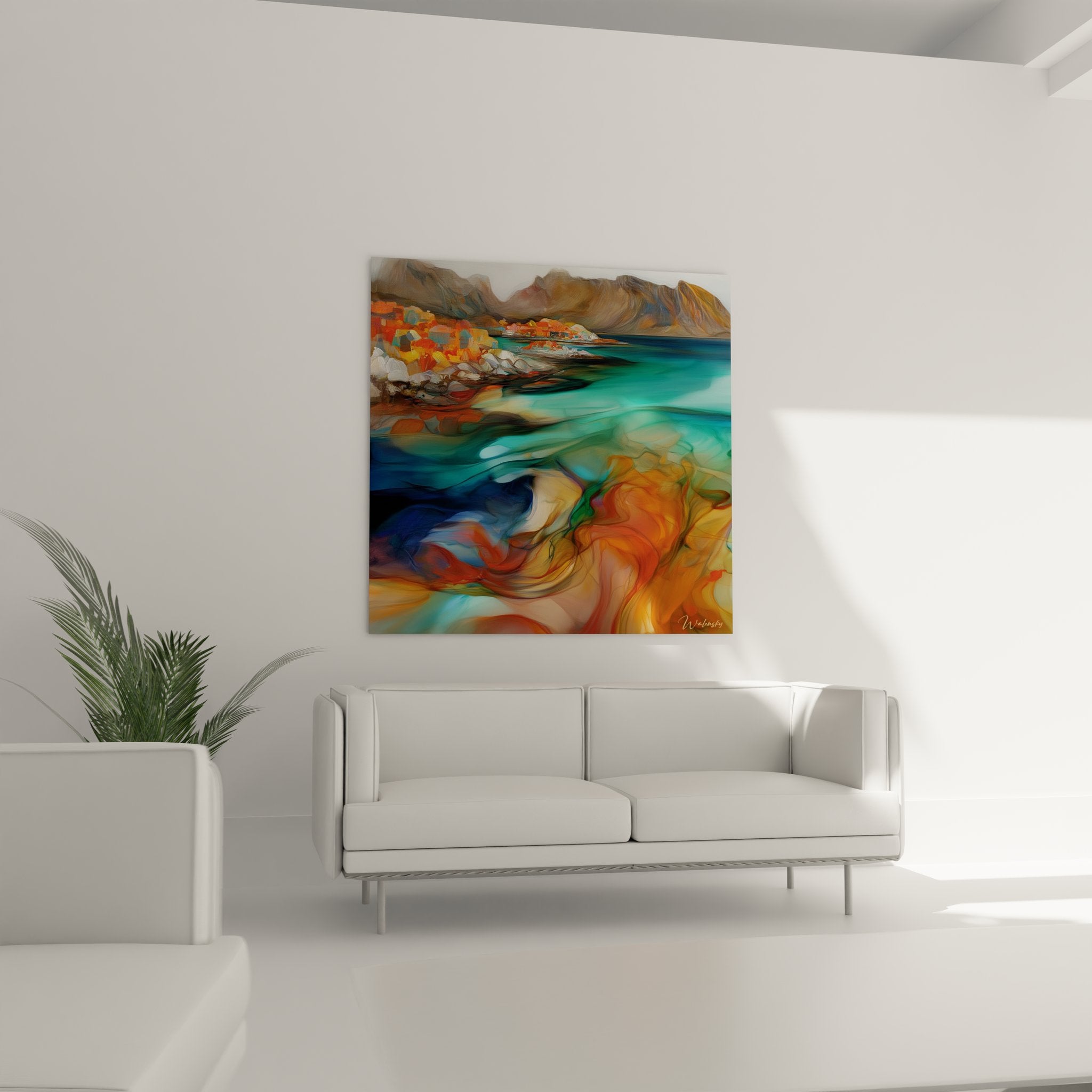 Détail peinture fjord nordique texture eaux turquoise formations rocheuses - Art contemporain scandinave