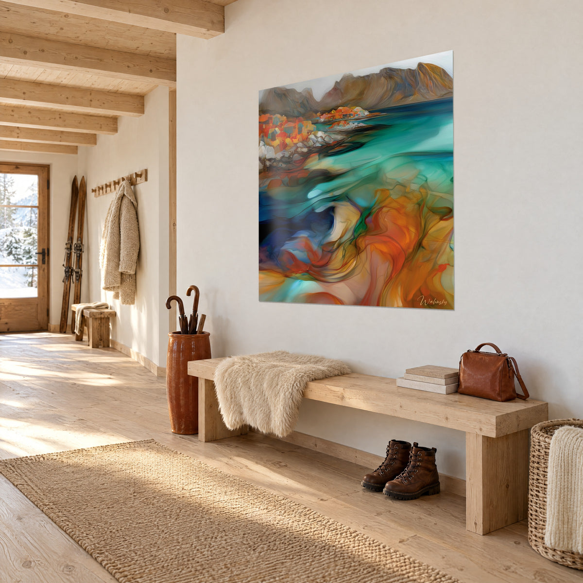 Quadro villaggio di pescatori con tetti zafferano e rossi su una baia verde acqua, visto di scorcio nell'ingresso di uno chalet