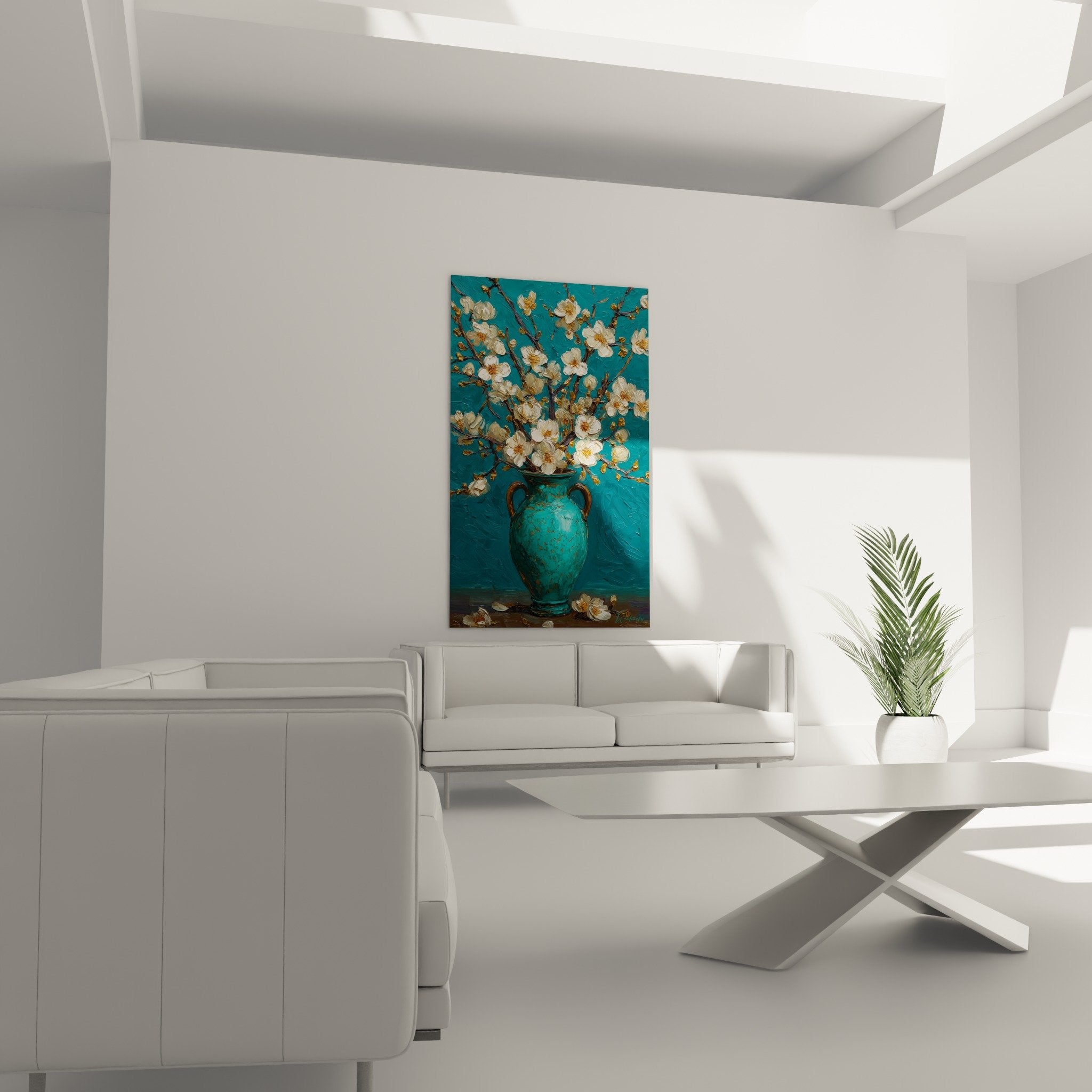 Gros plan peinture fleurs blanches empâtements texture vase turquoise patine doree