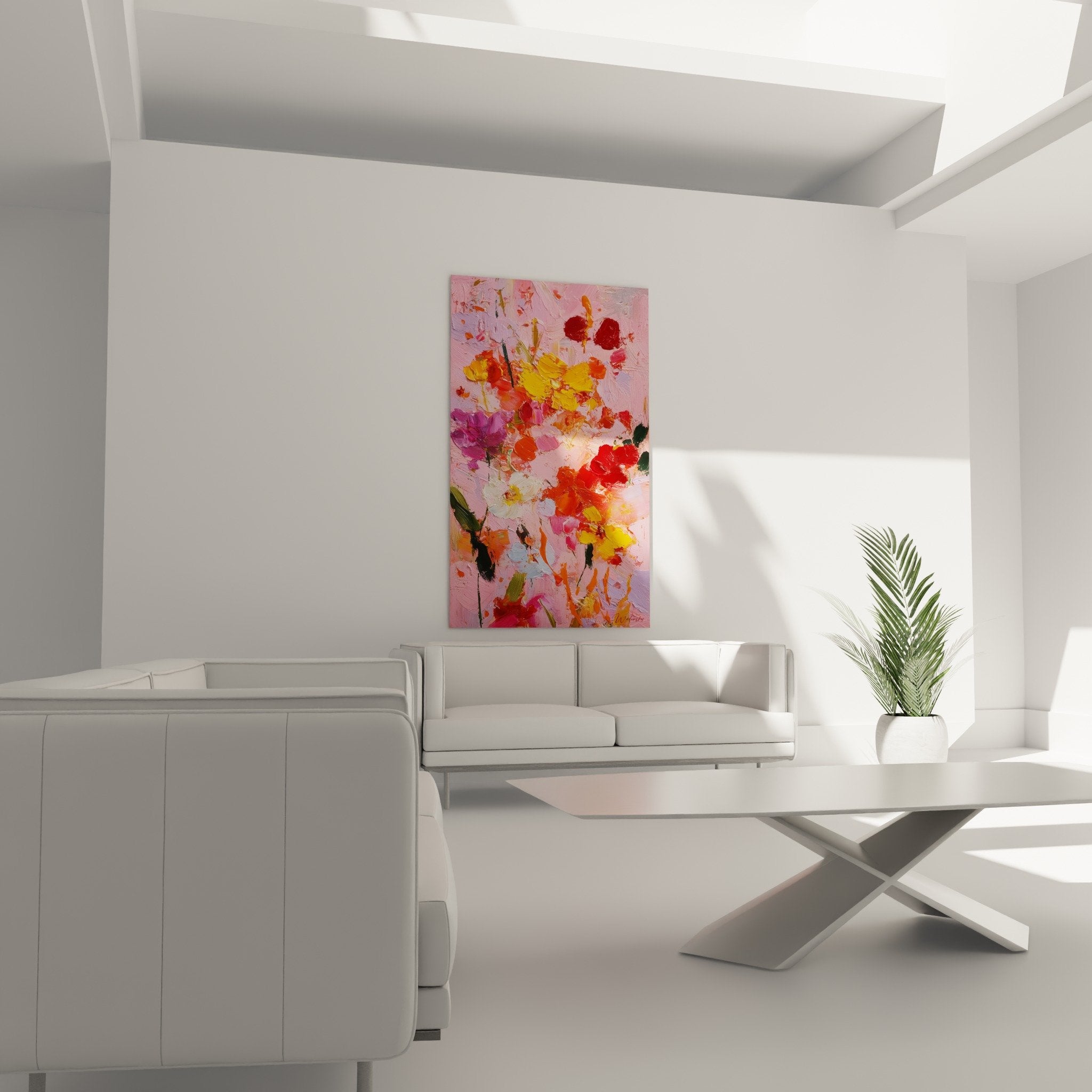 Detail peinture epaisse fleurs roses oranges texture matiere impressionniste feng shui terre