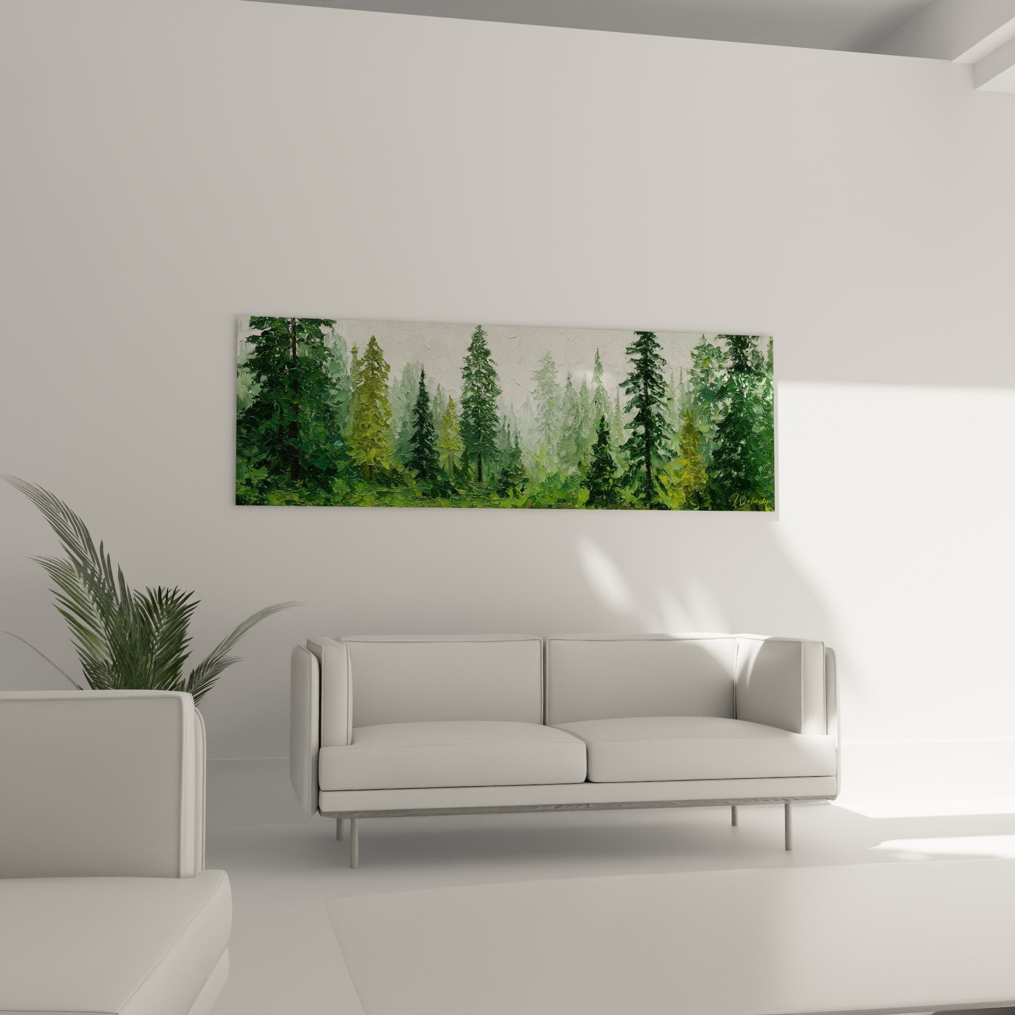 detail texture peinture foret coniferes verts empâtements artistiques brume matinale