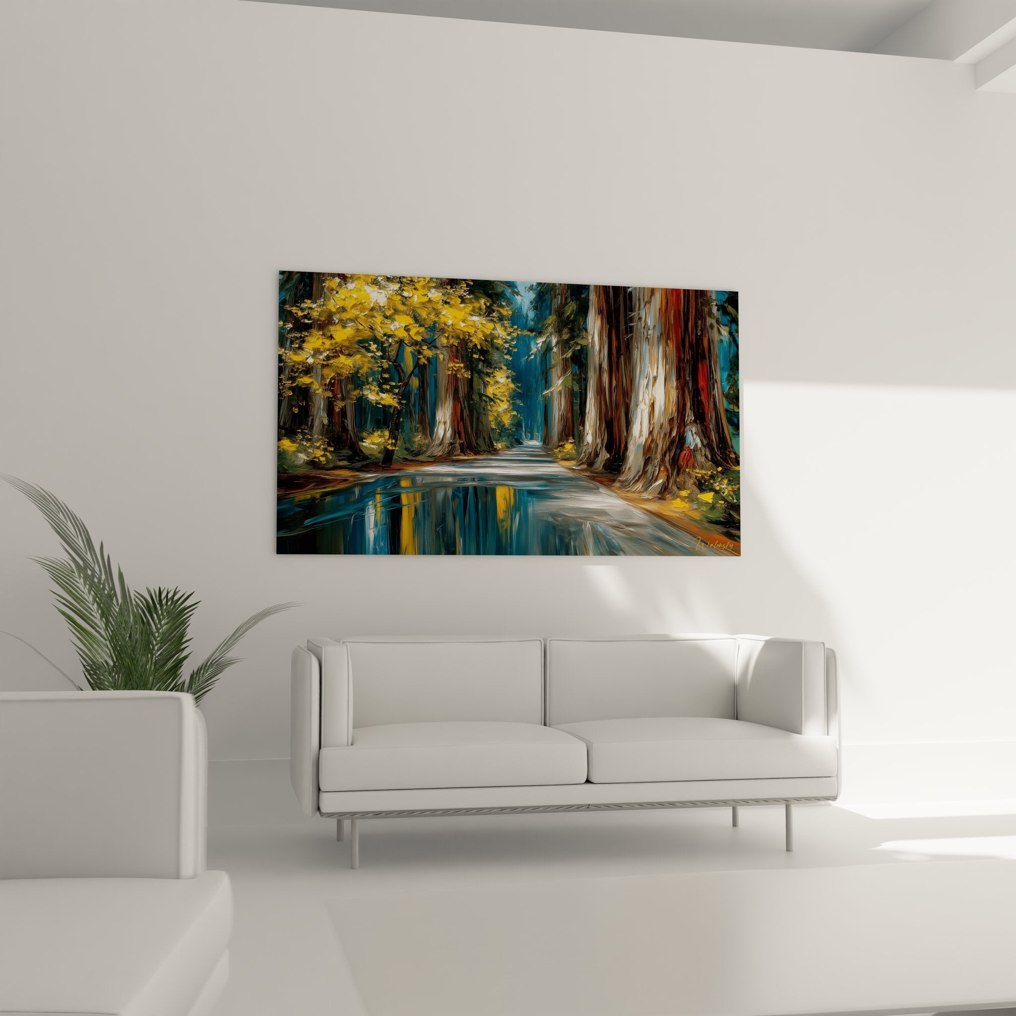 Détail tableau forêt montrant reflets dorés et technique pinceau peinture nature