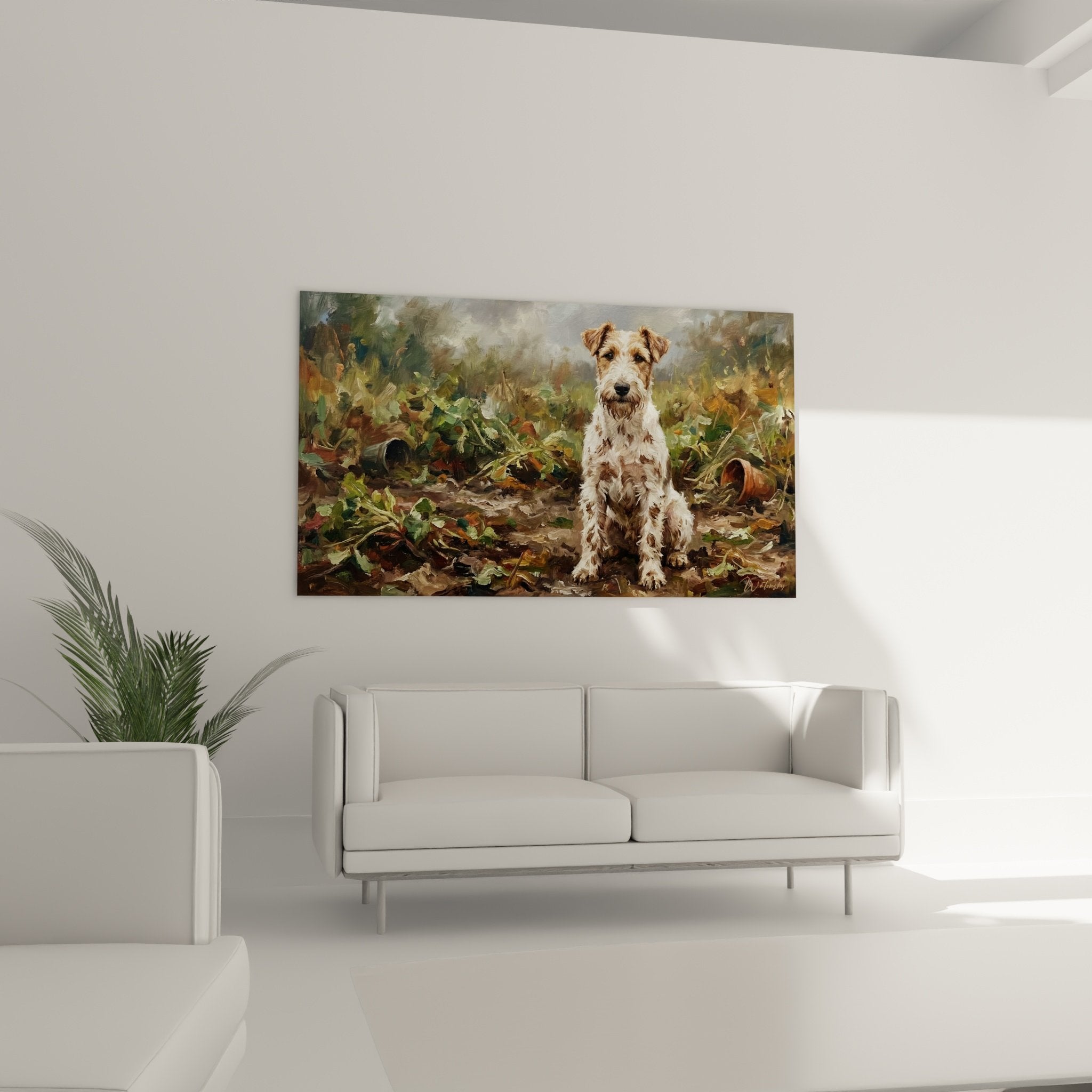 Detail peinture fox terrier pelage roux blanc technique impressionniste coups pinceau expressifs