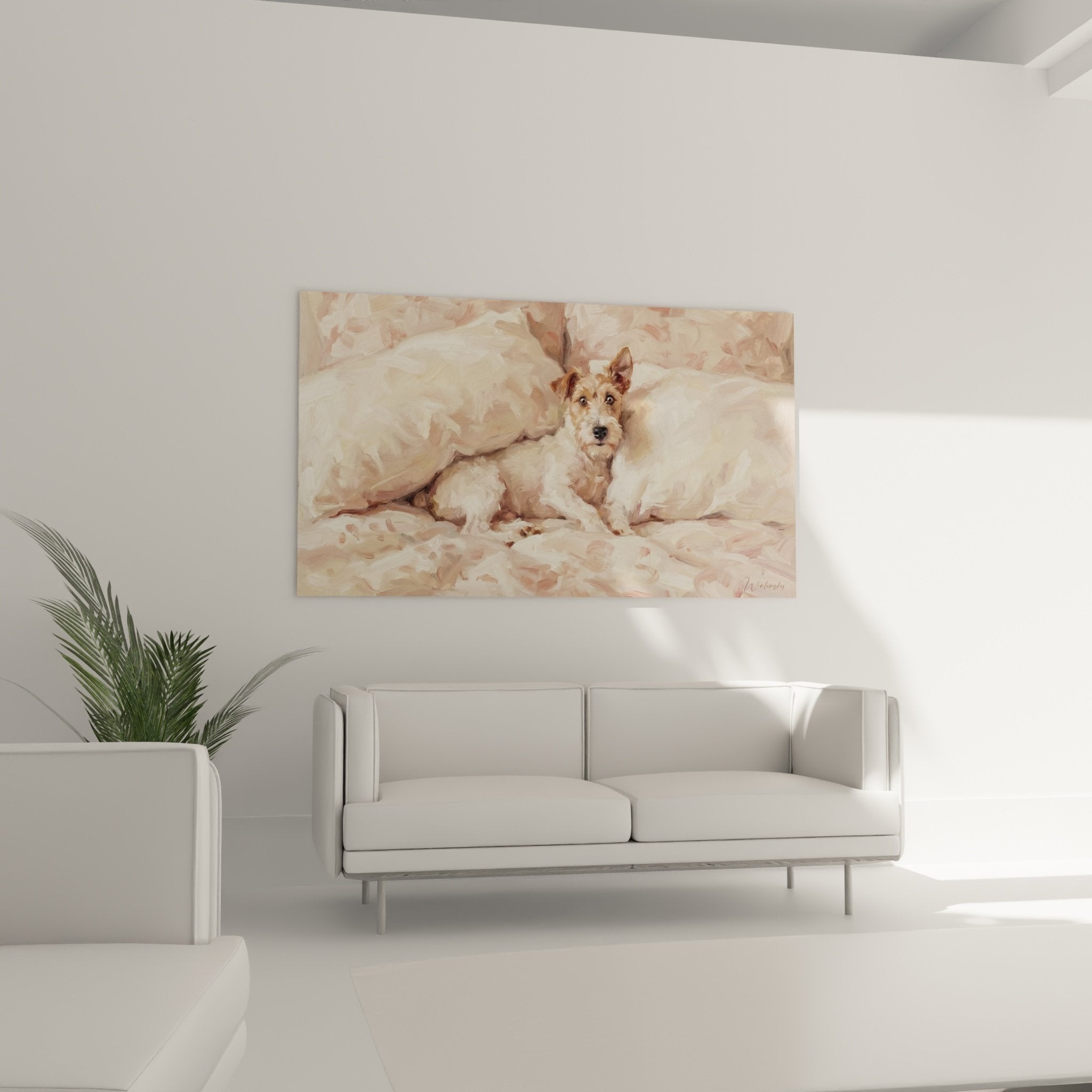 Détail peinture Fox Terrier sur drap blanc - Gros plan texture et couleurs poudrées tableau chien