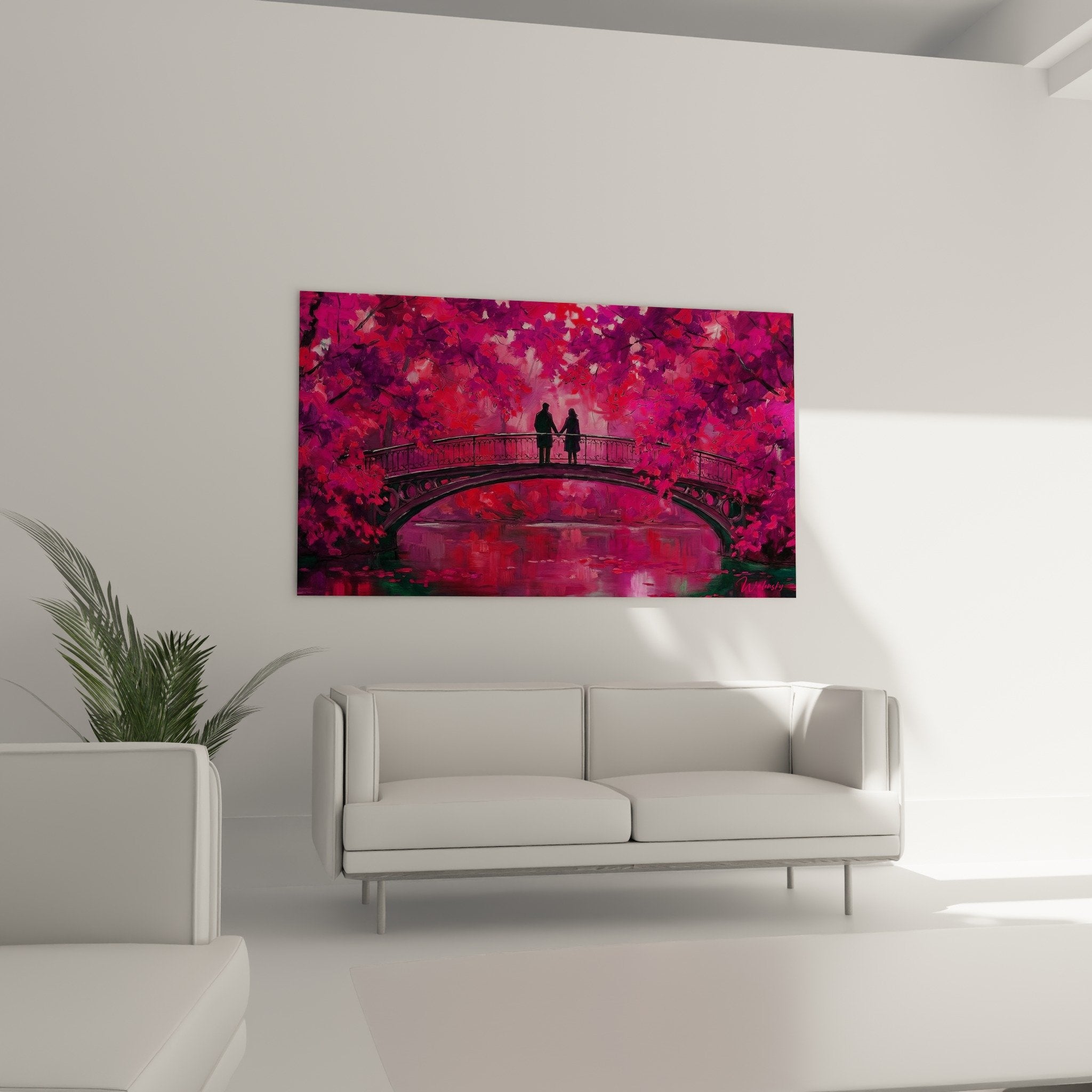 detail peinture impressionniste fuchsia magenta touches expressives pont silhouettes manhattan