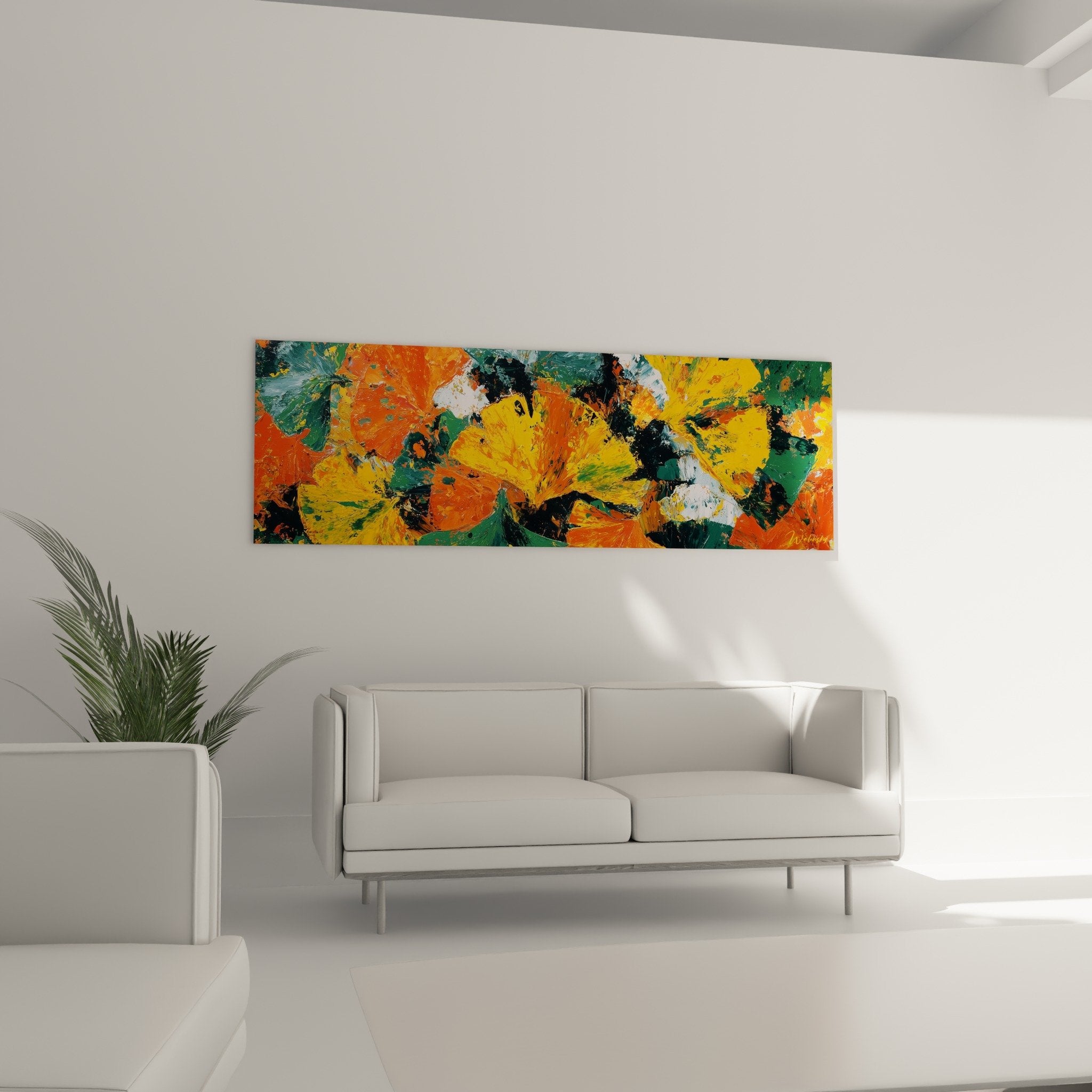 Detail peinture ginkgo empâtements dores oranges textures picturales expressionnistes