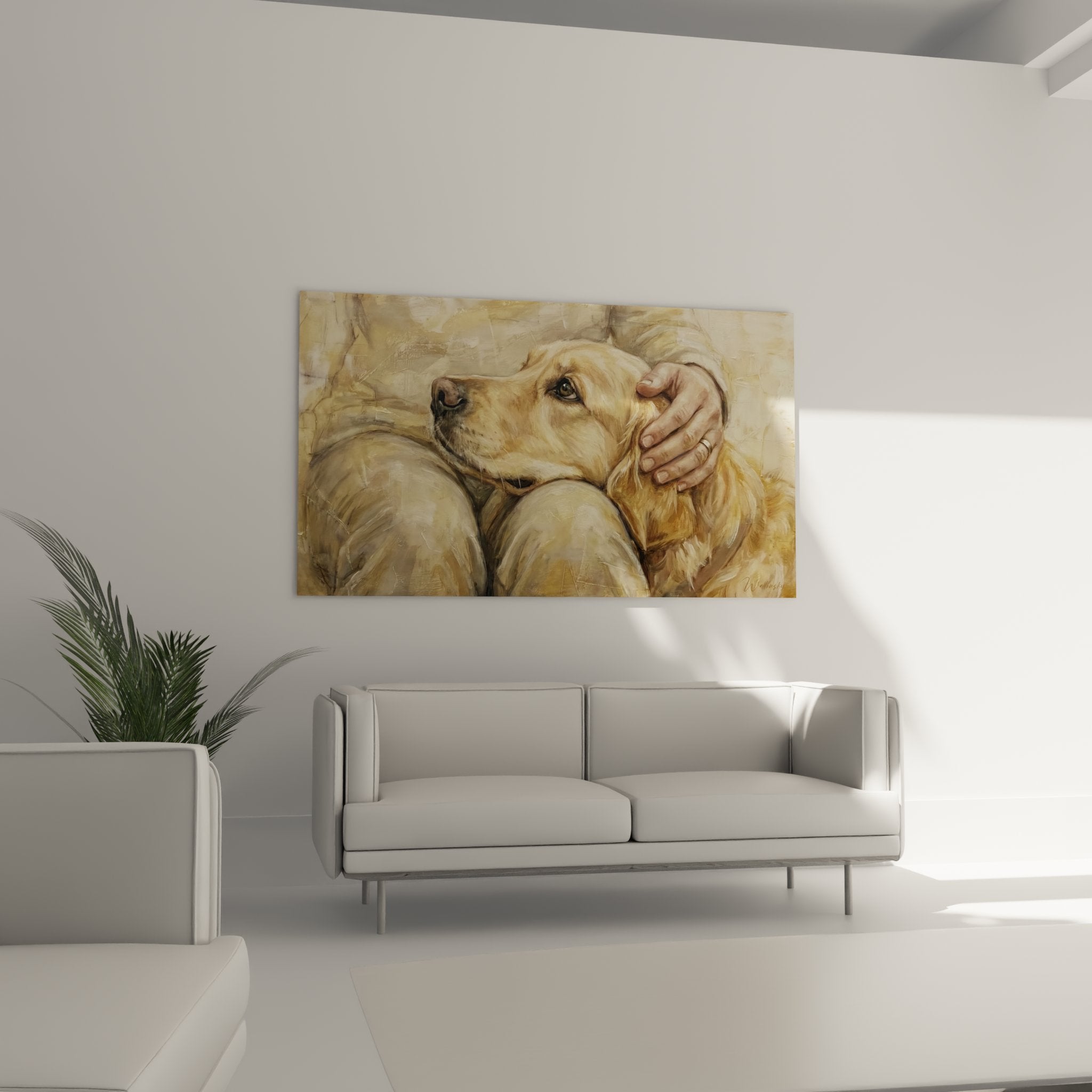 Detail peinture golden retriever pelage dore texture coups pinceau main protective regard confiant chien