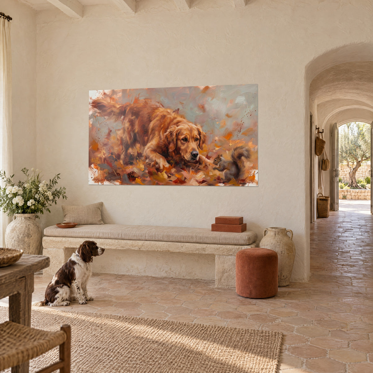 Quadro cane rosso-bruno dalle orecchie lunghe e muso nero di fronte a uno scoiattolo grigio, foglie arancioni, spaniel seduto, casolare provenzale