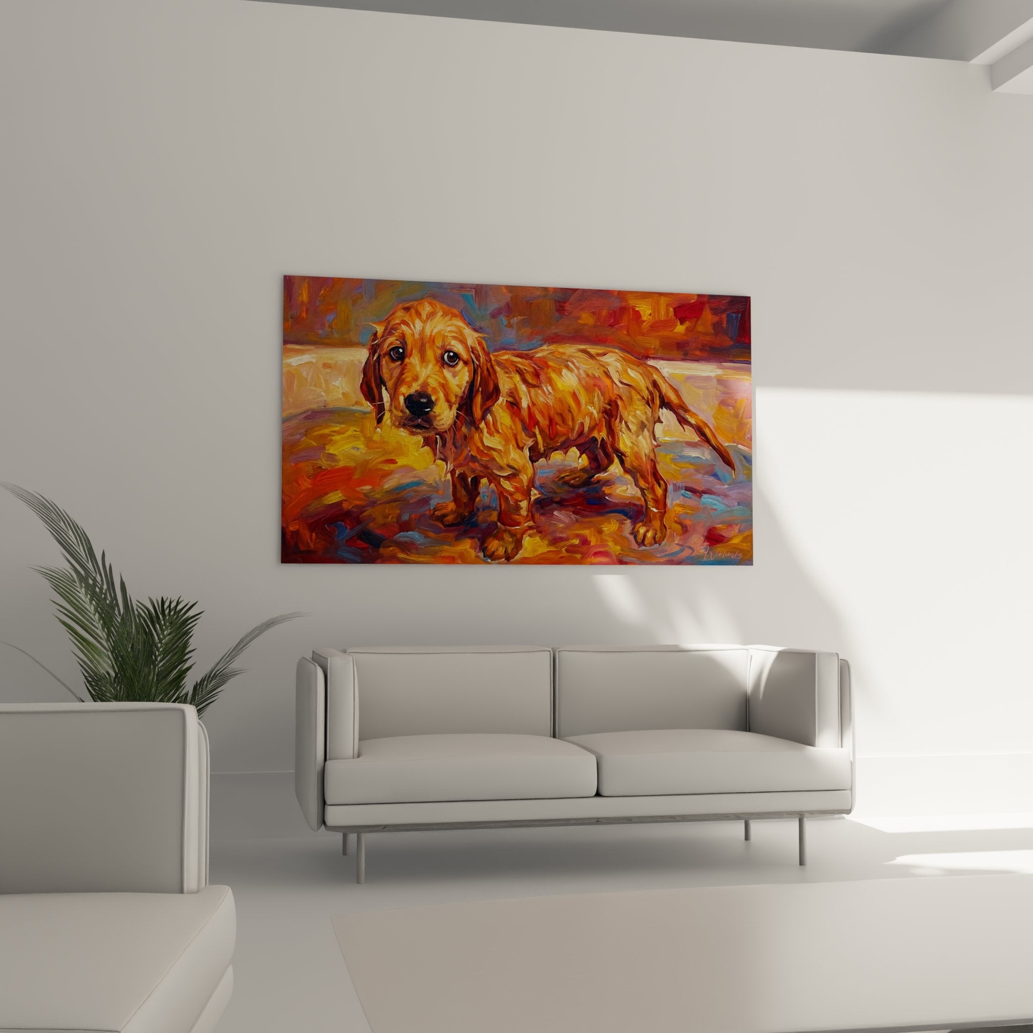 Pinseldetail Golden-Retriever-Gemälde strukturierte Impasto-Technik Ocker- und Kupfertöne
