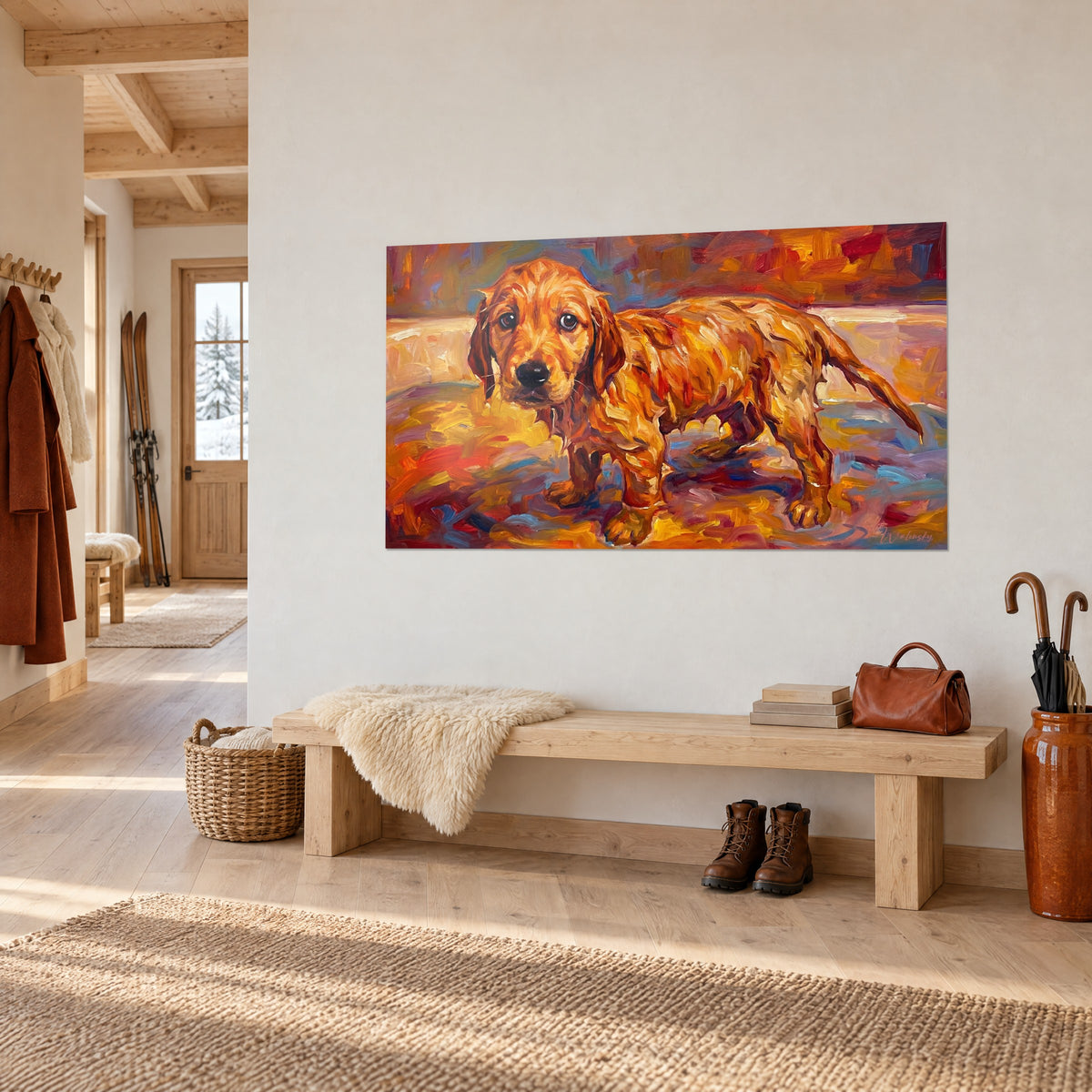 Πίνακας ενός μικρού golden retriever με βρεγμένο τρίχωμα, ώχρα και ultramarine μπλε, σε λευκό τοίχο εισόδου σε σαλέ με ξύλινο παγκάκι