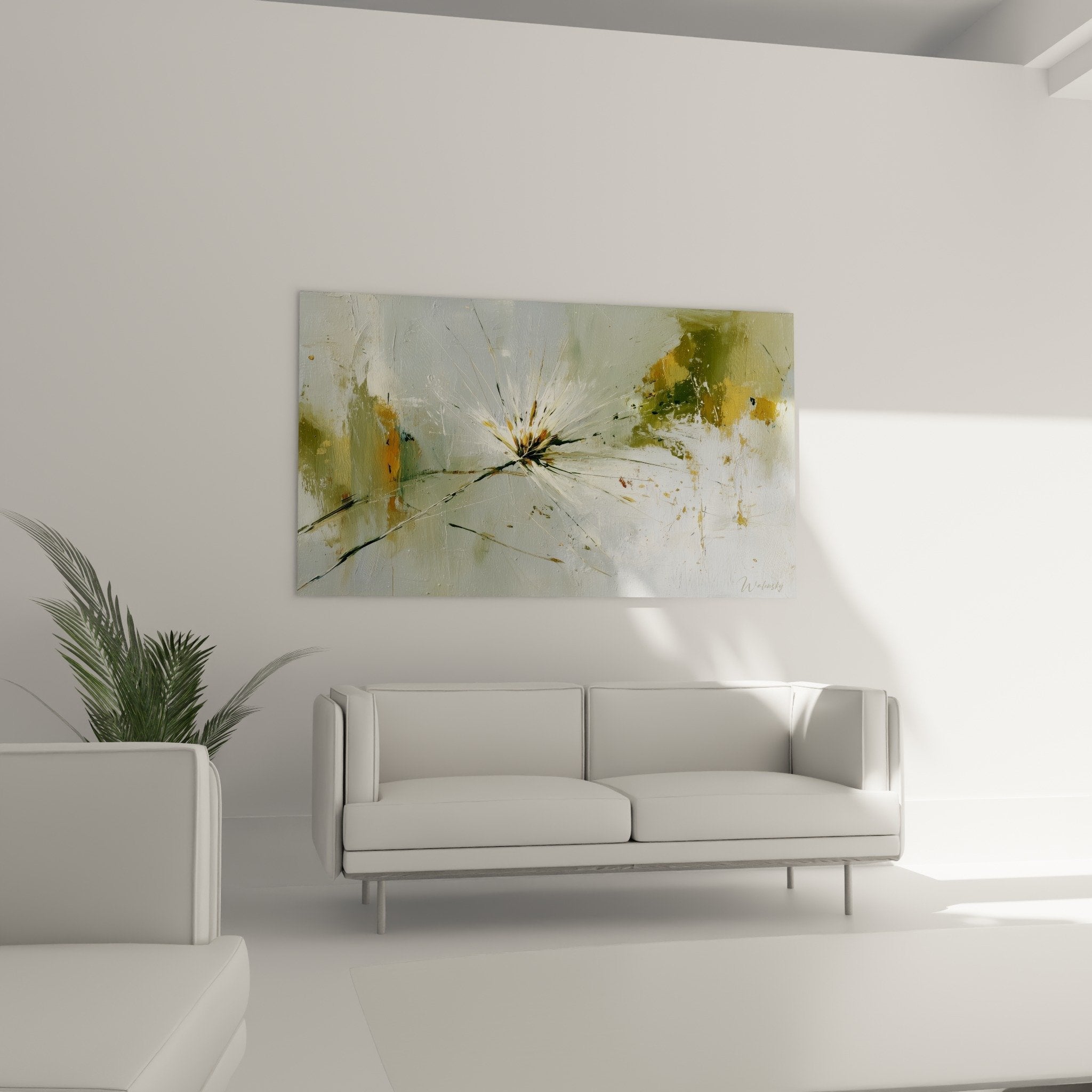 Detail of abstract painting white green impasto texture wild grasses