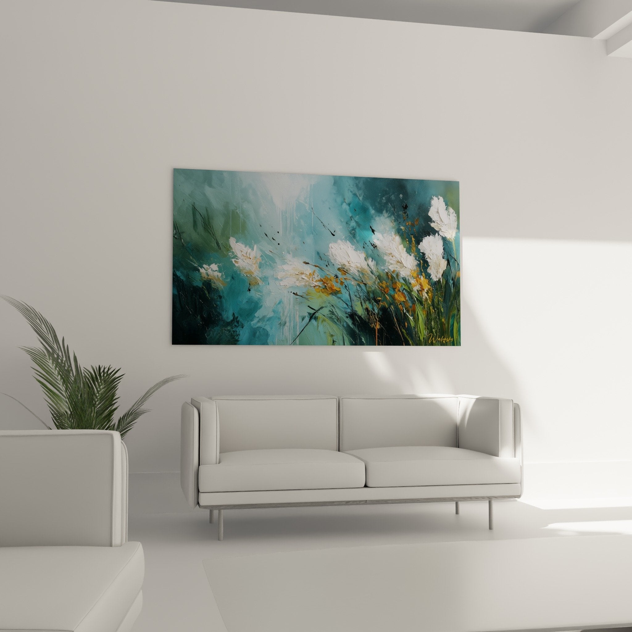 Abstract grass painting detail showing textured impasto brushwork and turquoise gold white tones