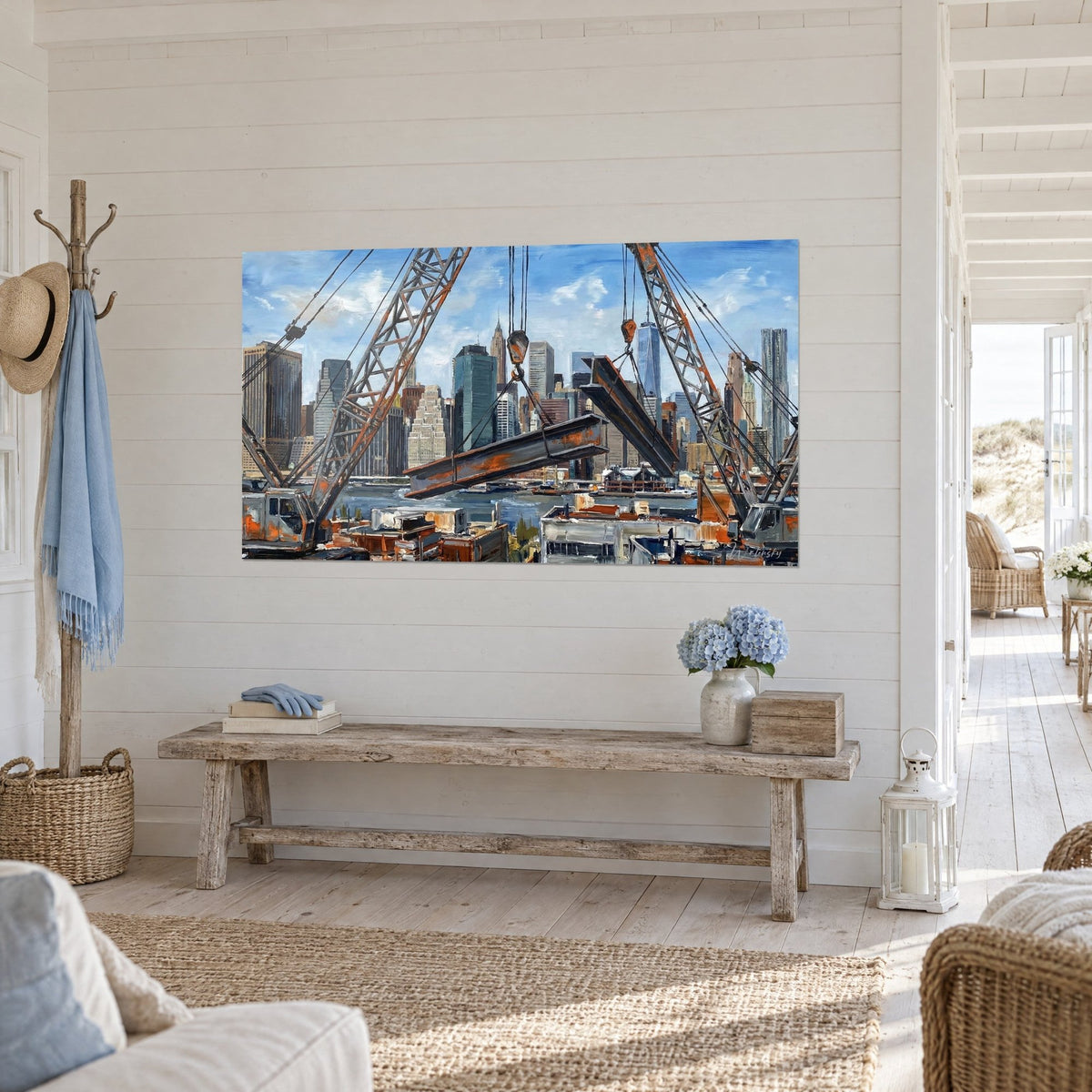 Wall art of a New York construction site, ochre and grey suspended steel beam facing the azure skyline, three-quarter view, bright hallway