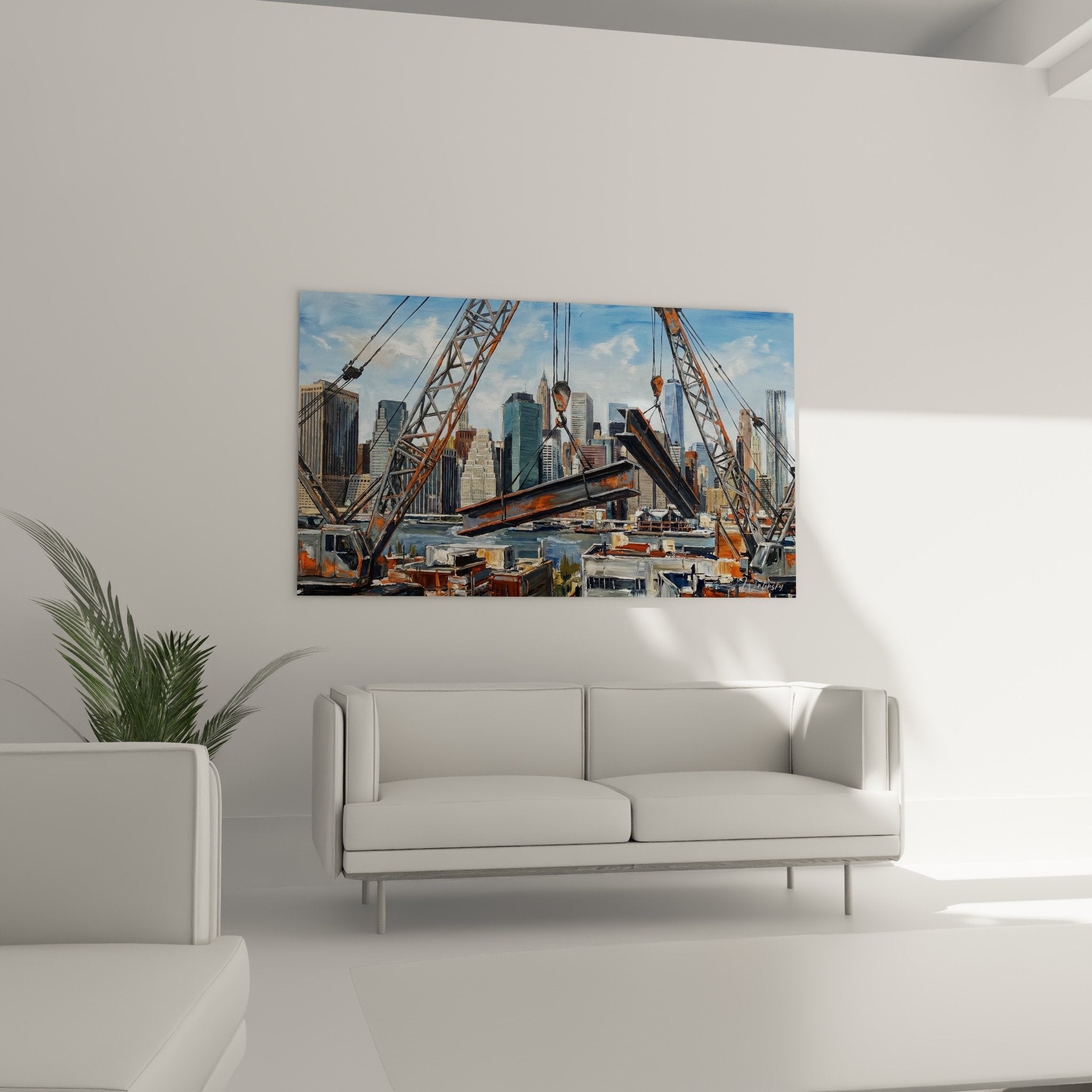 Détail peinture grues construction orange structures métalliques texture empâtements art urbain