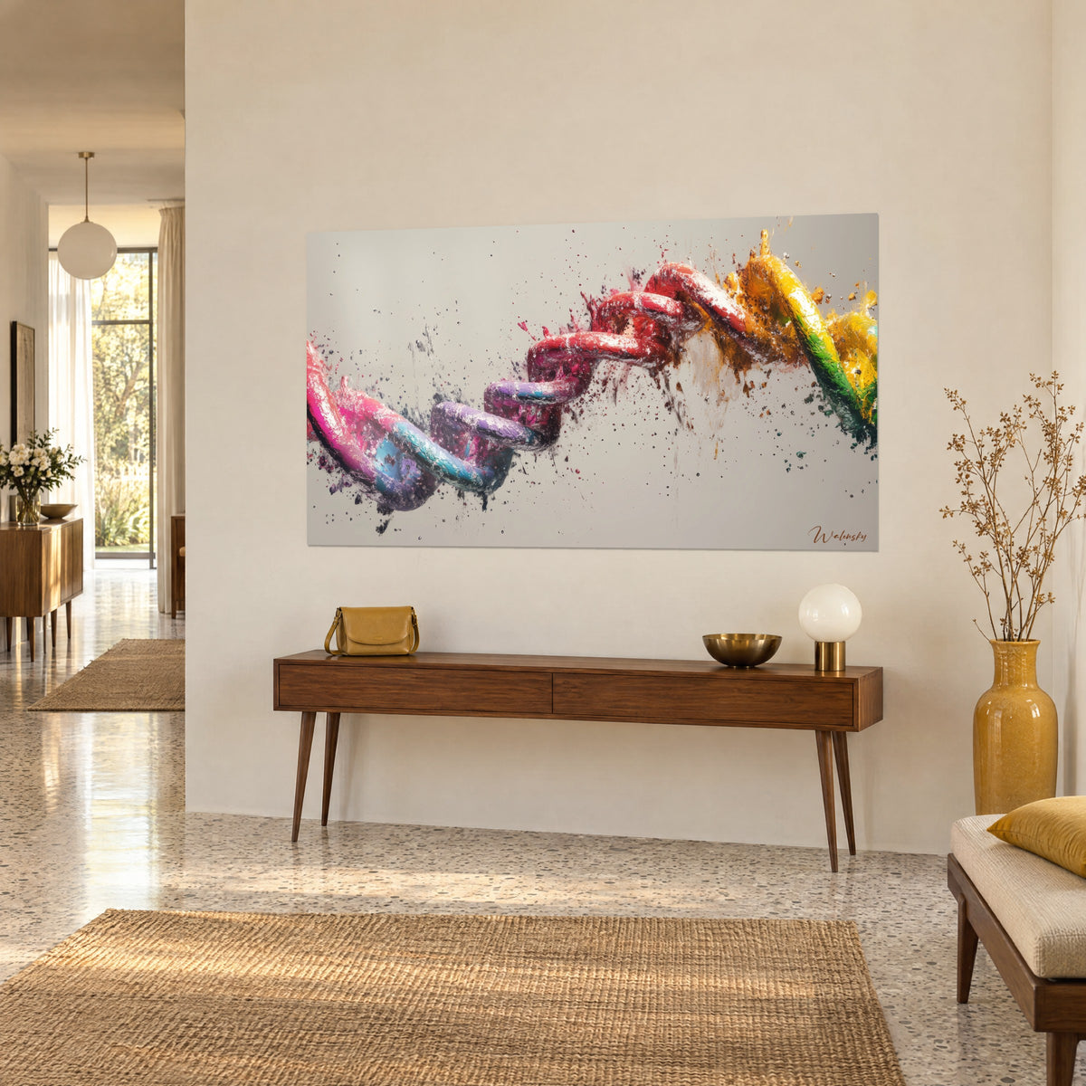 Wall art with a twisted genetic chain, purple and turquoise links spraying droplets on a greige background, wooden console and yellow vase