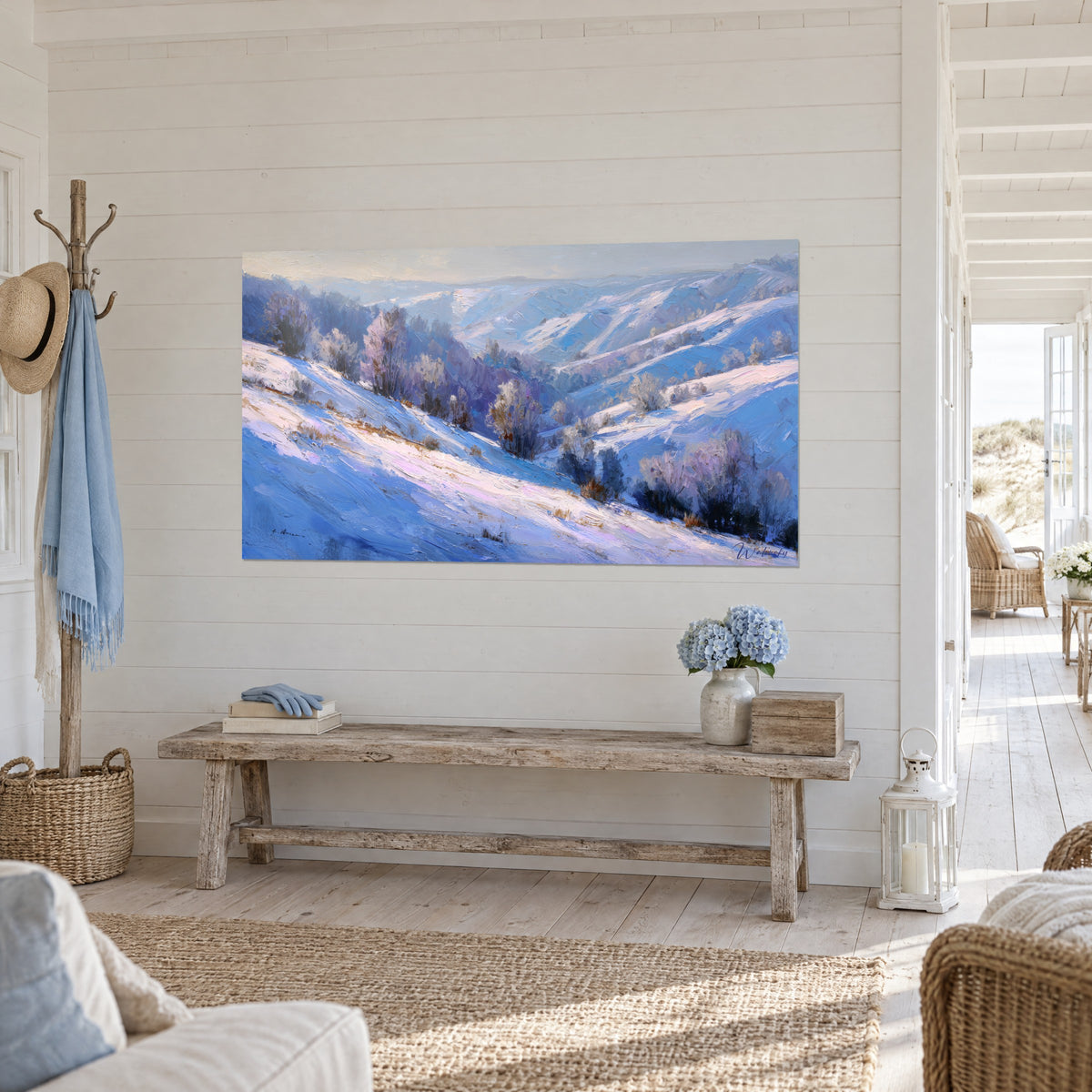 Tableau vallée givrée striée d'ombres violettes et de neige blanche, buissons poudrés, banc rustique, maison de bord de mer