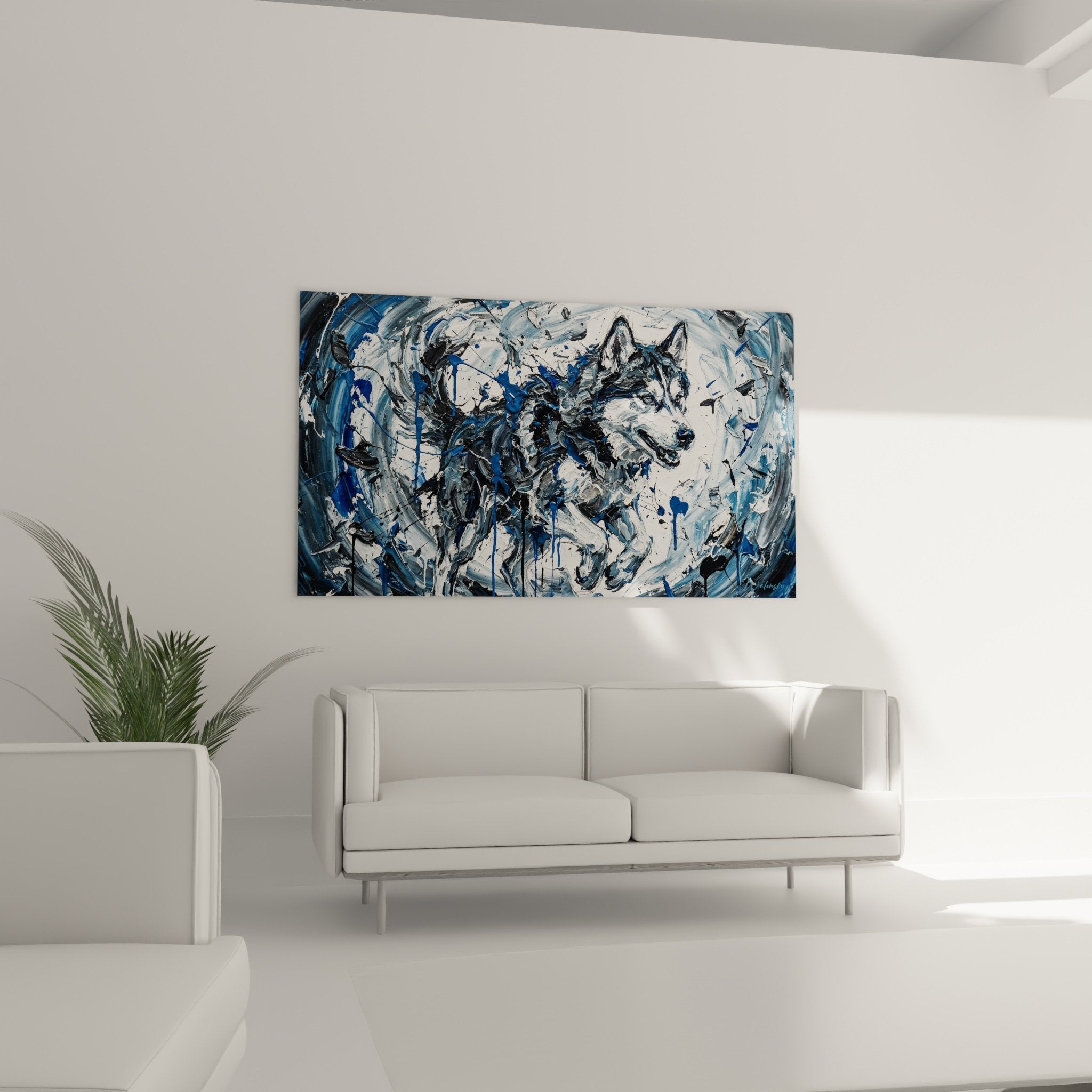 Détail du tableau montrant les coups de pinceau expressionnistes et la palette bleu et blanc