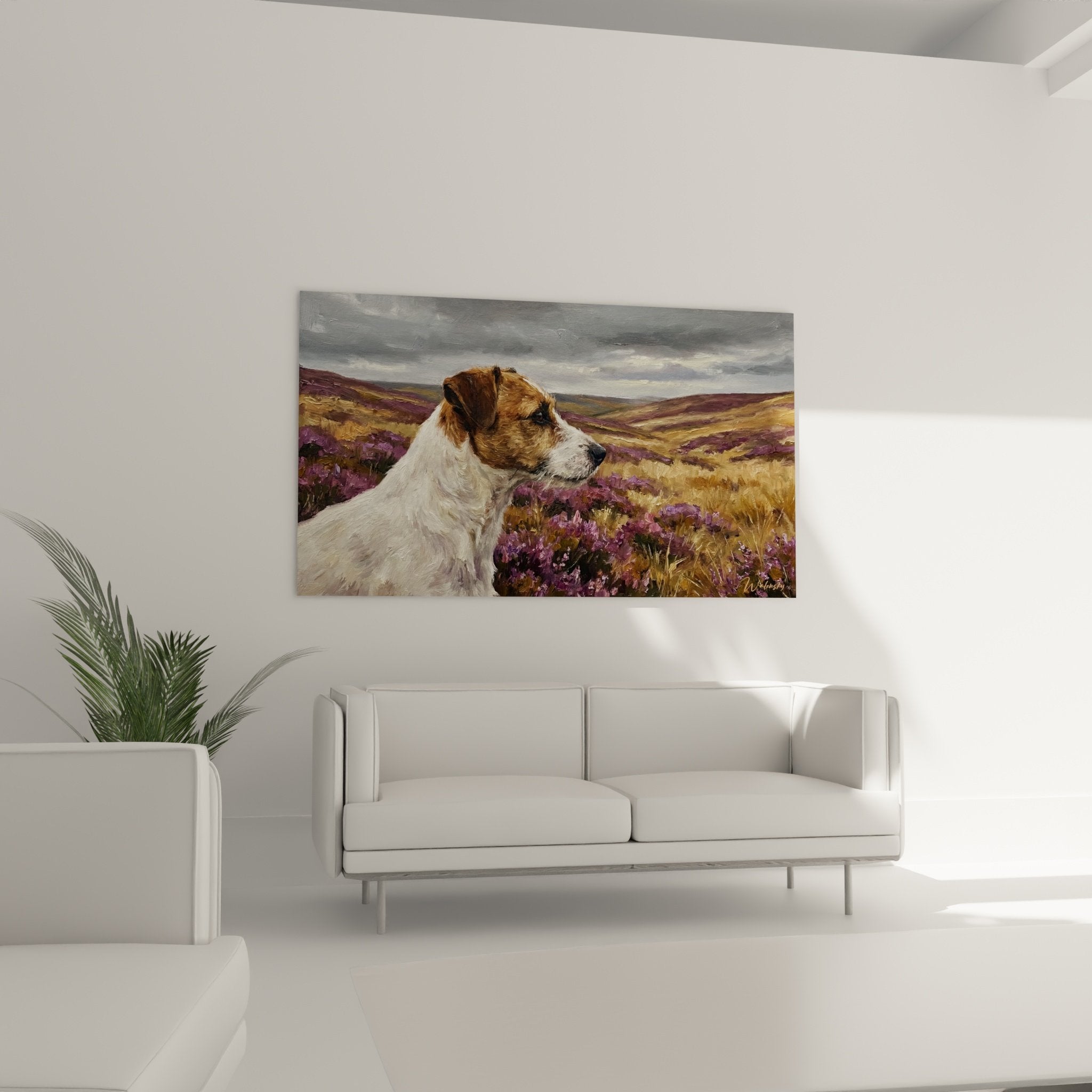 Detail peinture Jack Russel Terrier pelage blanc roux texture pinceau bruyeres violettes premier plan artistique