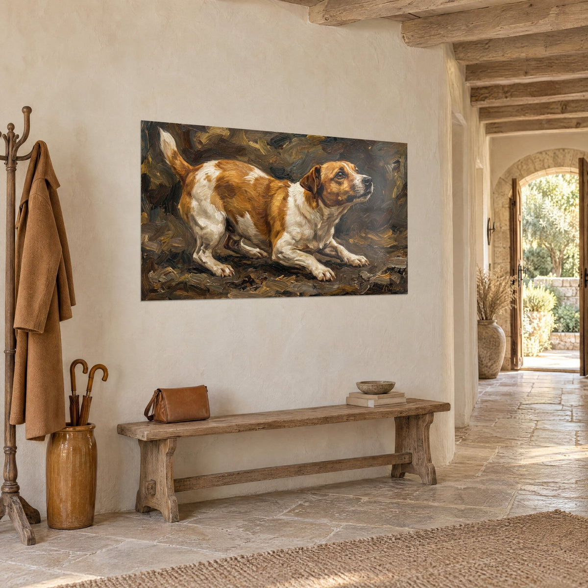 Tableau chien blanc et roux tapi, oreille brune pendante, fond de coups de brosse bruns, au bout d'une entrée en pierre