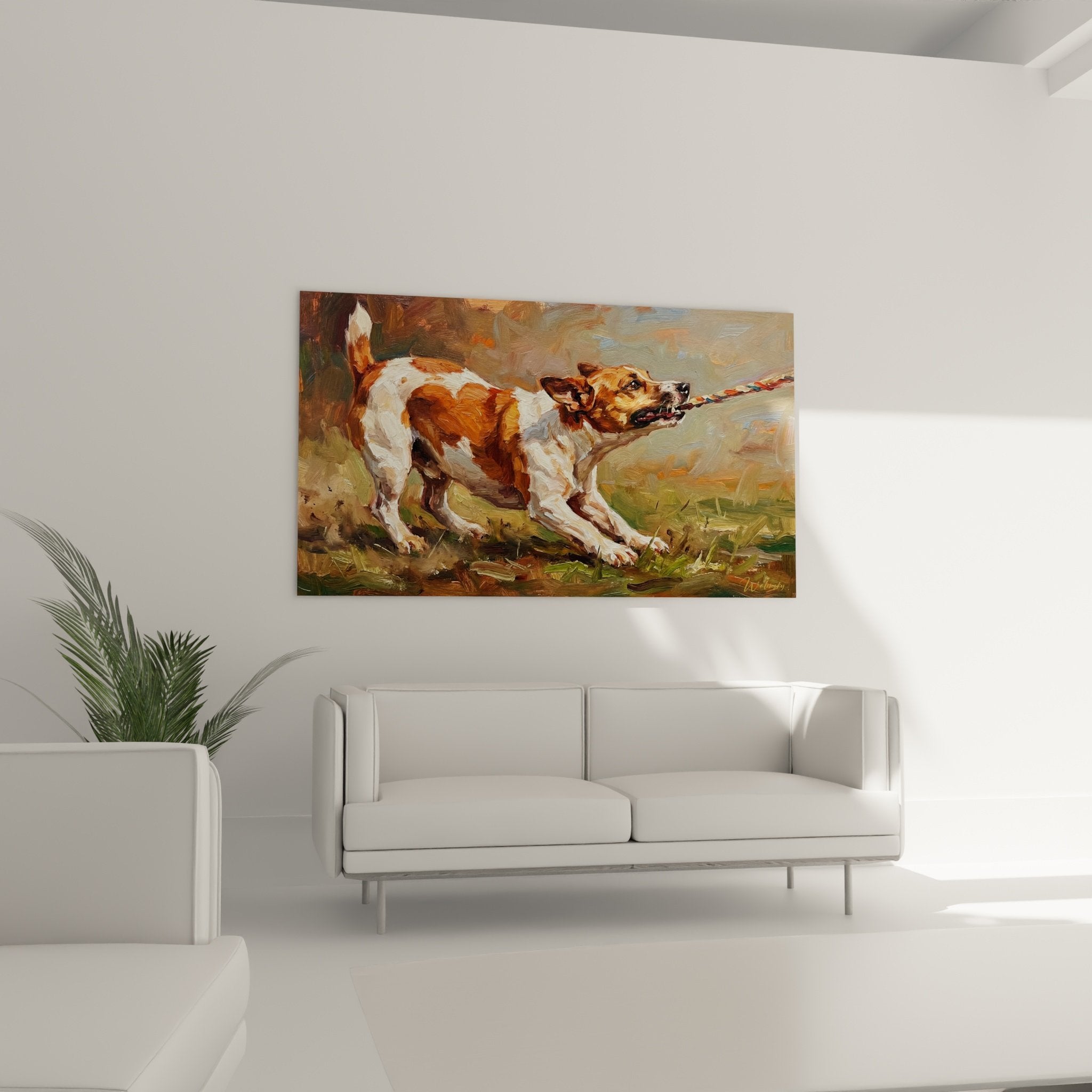 Detail peinture Jack Russel Terrier, coups de pinceau expressifs, textures pelage roux et blanc