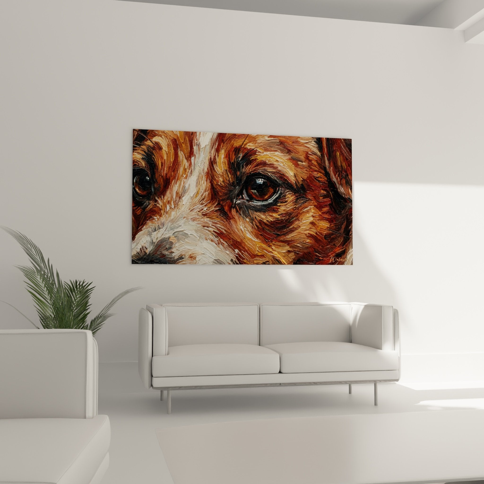 Detail Malerei Jack Russell Terrier, sichtbare Pinselstriche, Texturen von rotem und weißem Fell