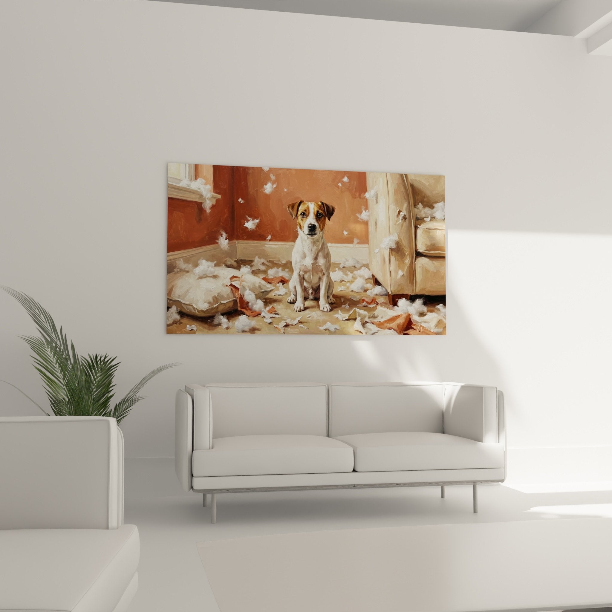 Jack Russell dog painting detail tender gaze white feathers pictorial texture brushstrokes