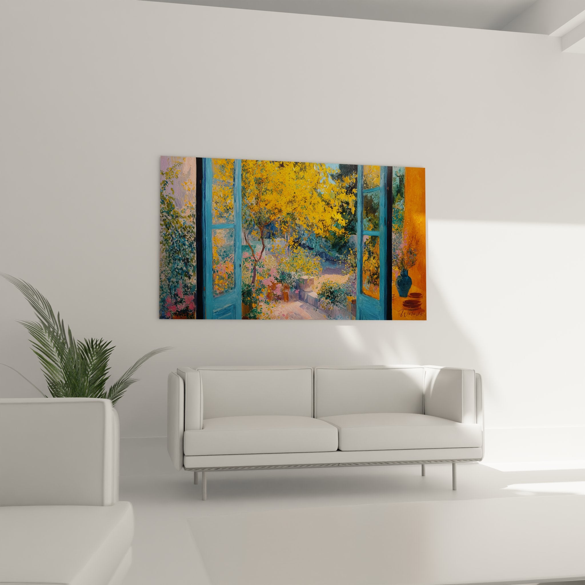 Détail tableau jardin fleuri peinture impressionniste couleurs automnales jaune orange bleu nature