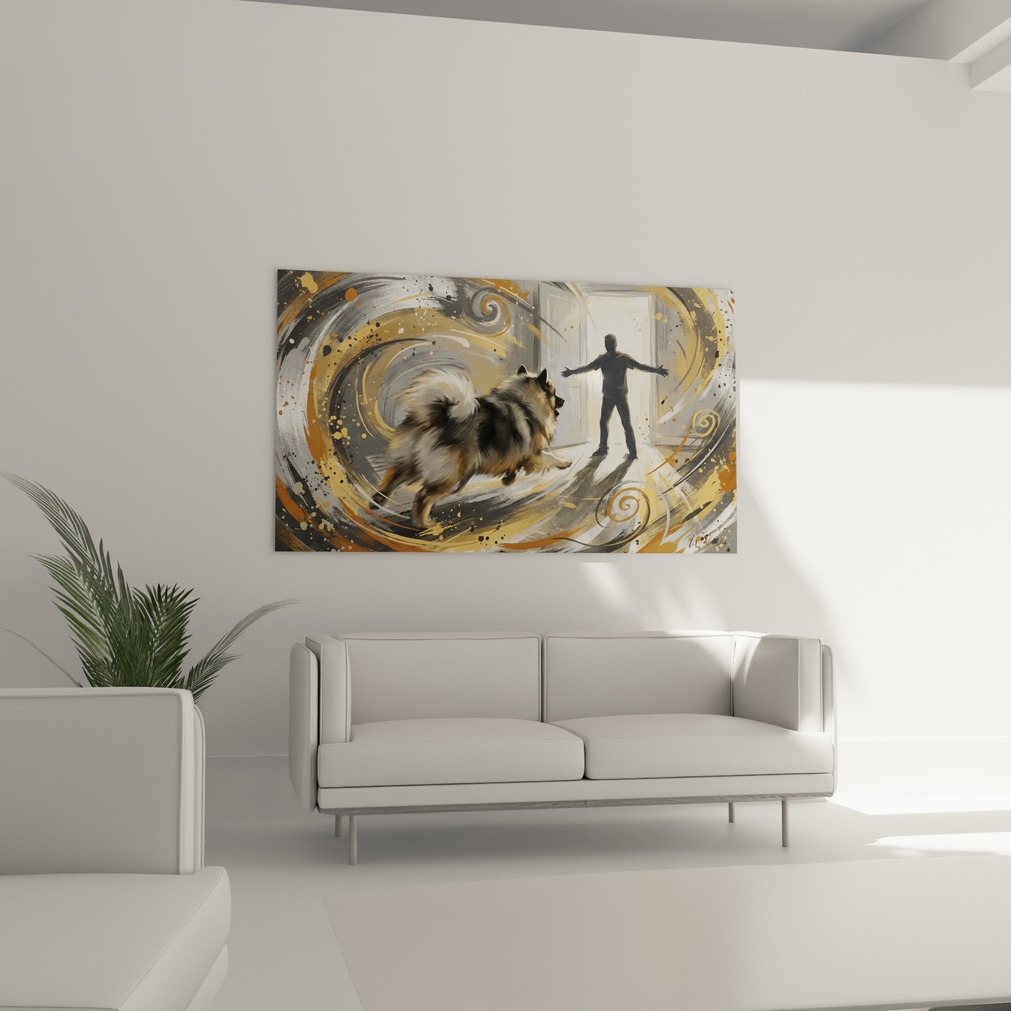 Detail rapproche peinture Keeshond tons fauve creme spirale doree technique gestuelle