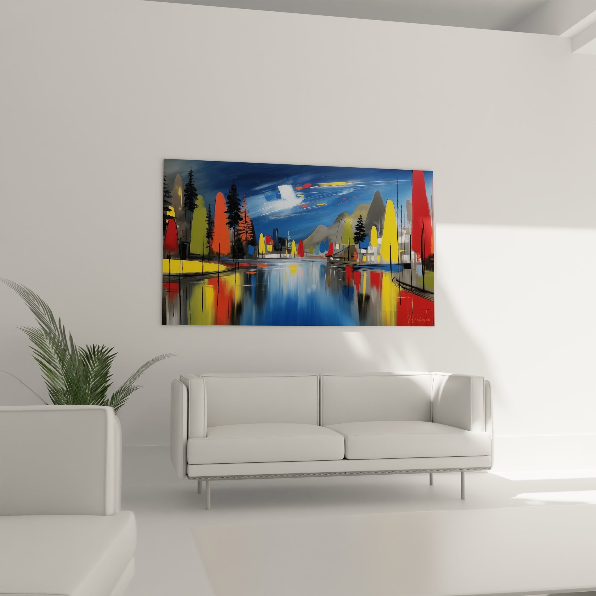 Détail peinture lac abstrait, reflets colorés jaune rouge sur surface aquatique bleue miroir