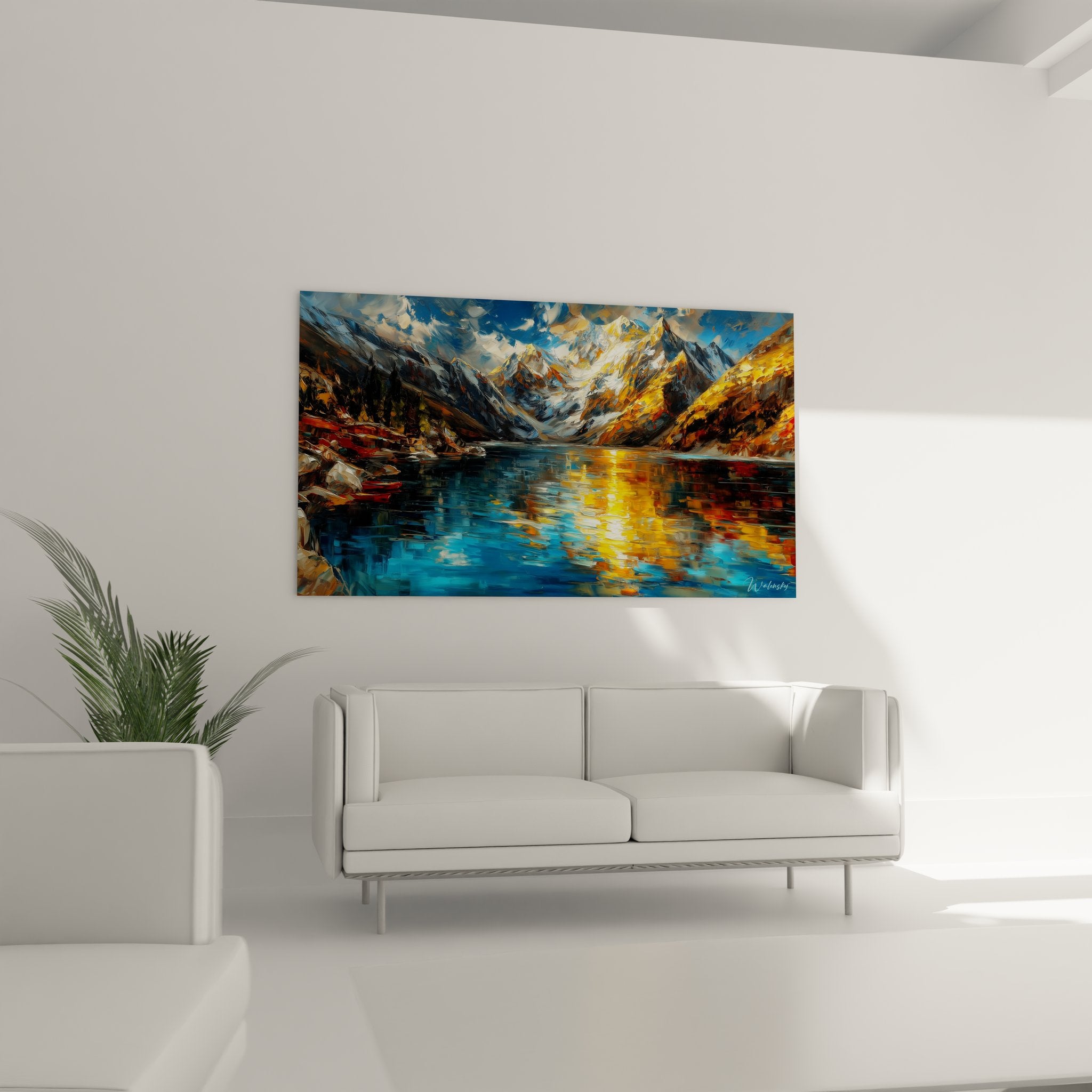 Détail peinture lac montagne - Technique brushstrokes et reflets lumineux dorés sur eau alpine