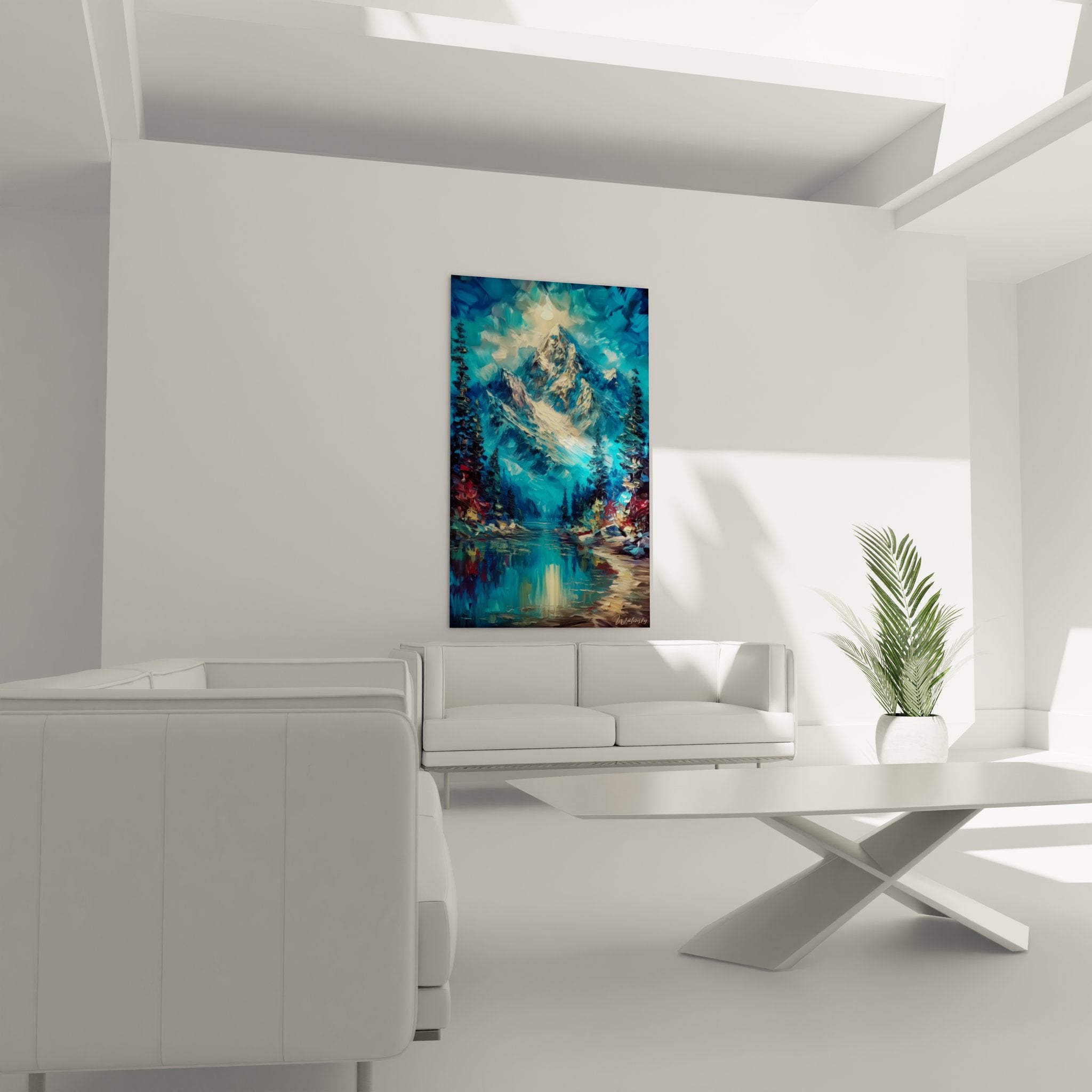 Détail peinture lac montagne reflets aquatiques sommet rocheux technique impressionniste alpine