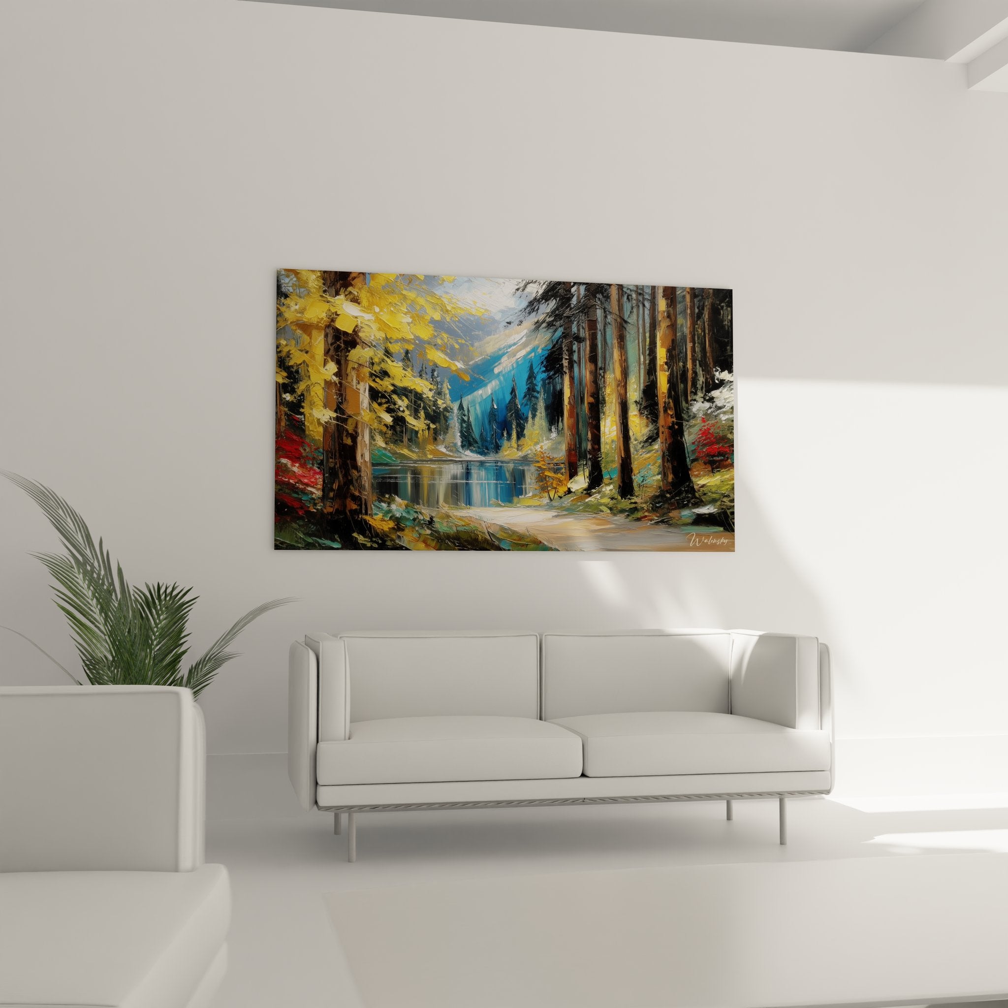 Détail peinture lac montagne montrant technique artistique et reflets dorés sur l'eau