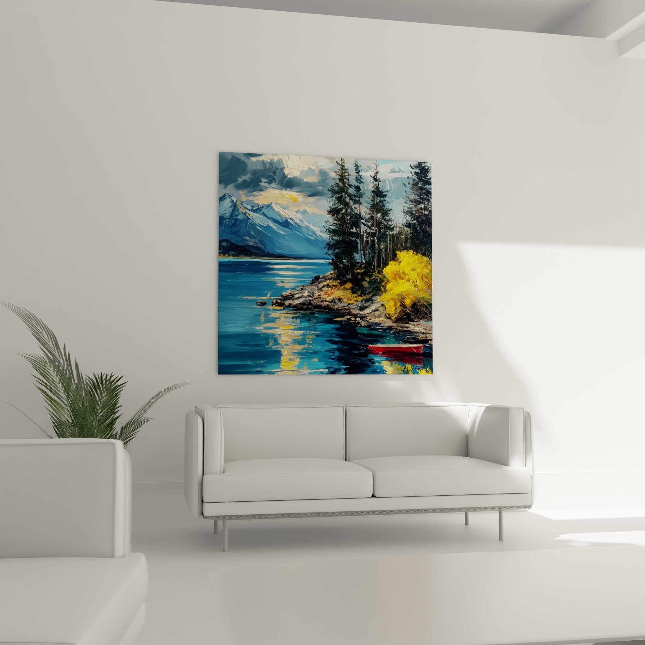 Détail peinture lac montagne montrant reflets dorés et technique picturale