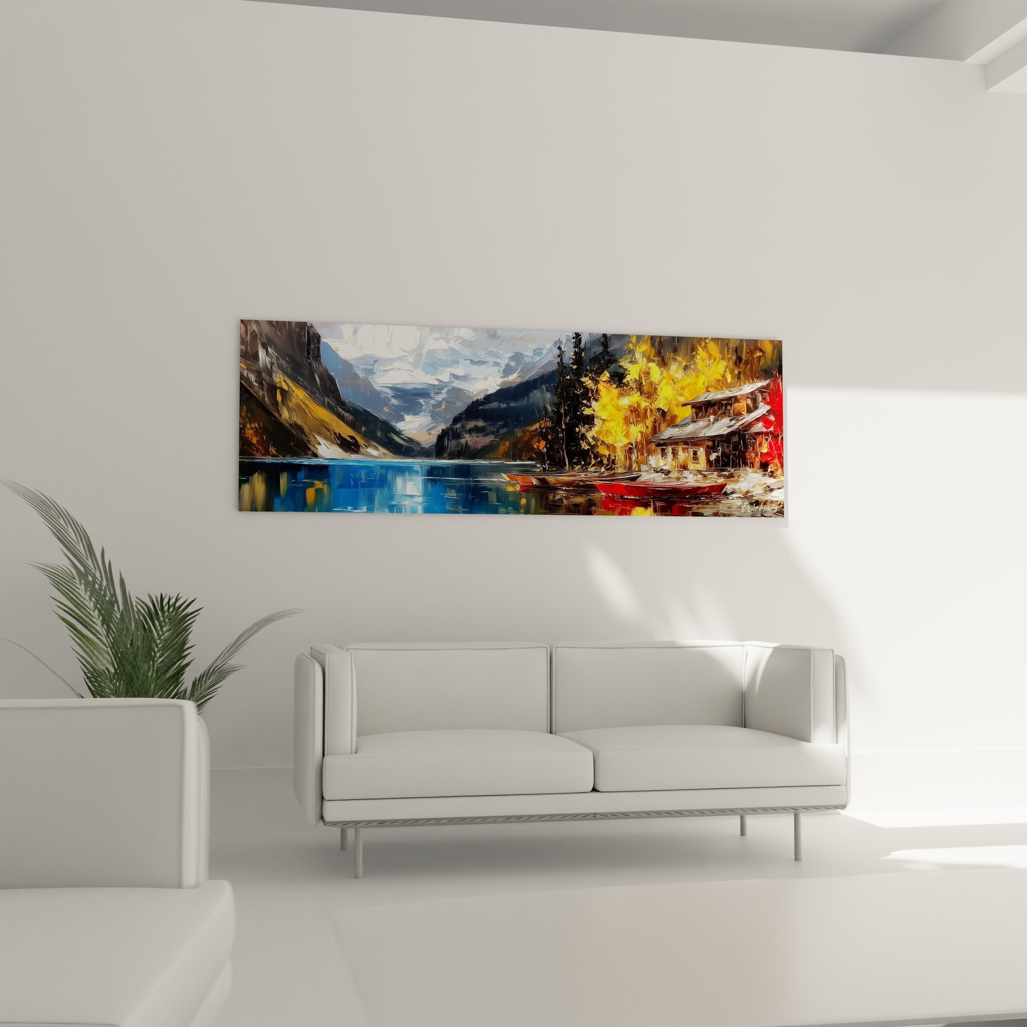 Détail peinture lac de montagne, technique impressionniste avec reflets dorés et coups pinceau expressifs