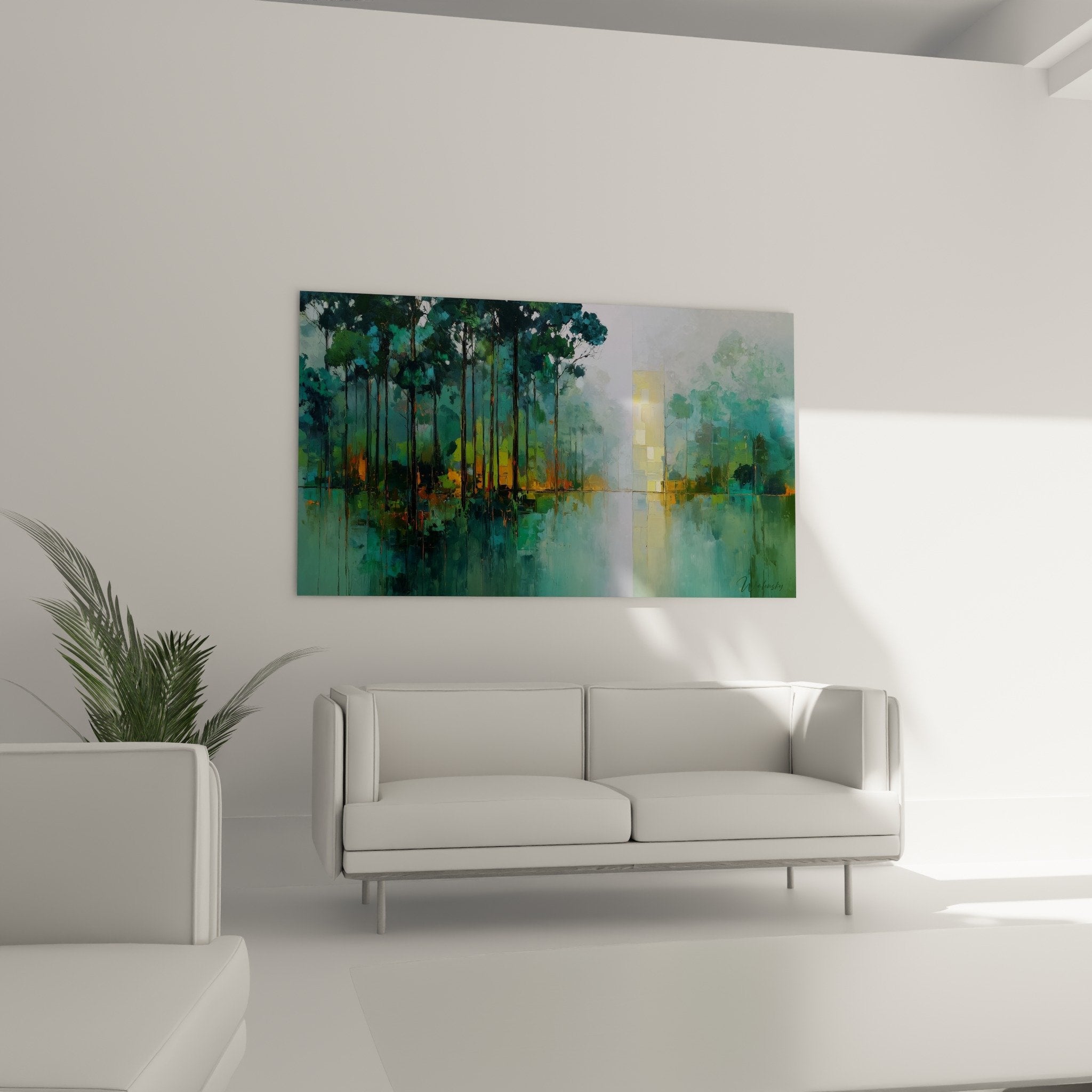 Detail peinture lac forestier, nuances turquoise emeraude, reflets abstraits, feng shui est bois