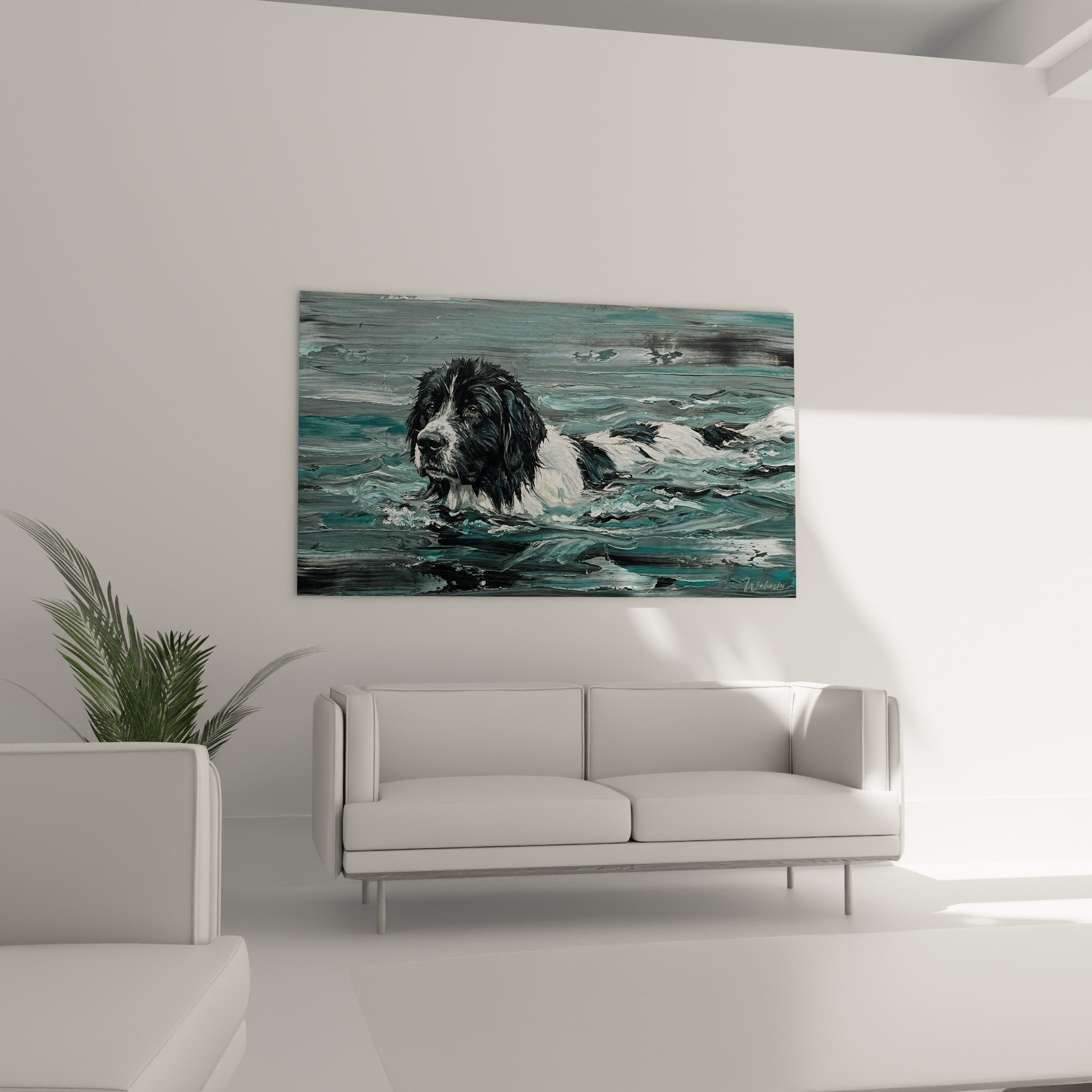 landseer painting detail black and white coat contrasting with turquoise water reflections