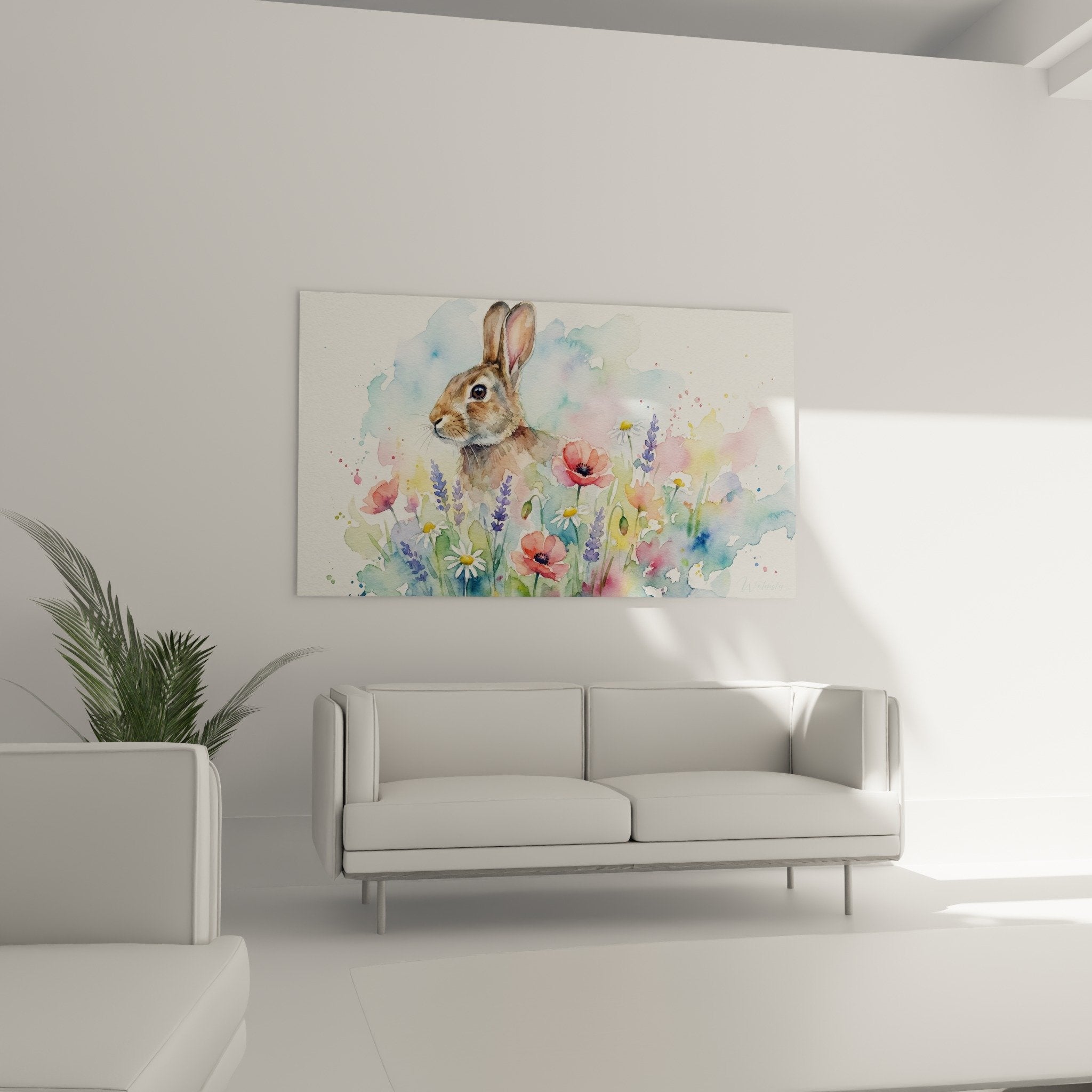 Detail peinture aquarelle lapin regard bleu oreilles roses entourage fleurs champetres couleurs vives