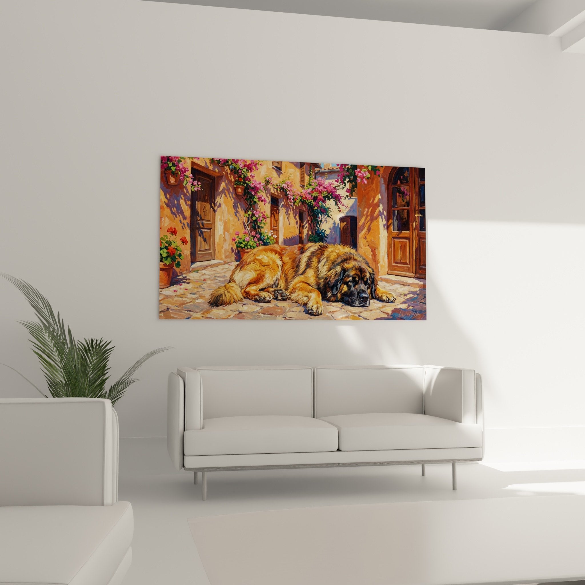 Détail rapproché peinture Leonberg pelage fauve textures pavés anciens et fleurs roses réalisme expressif